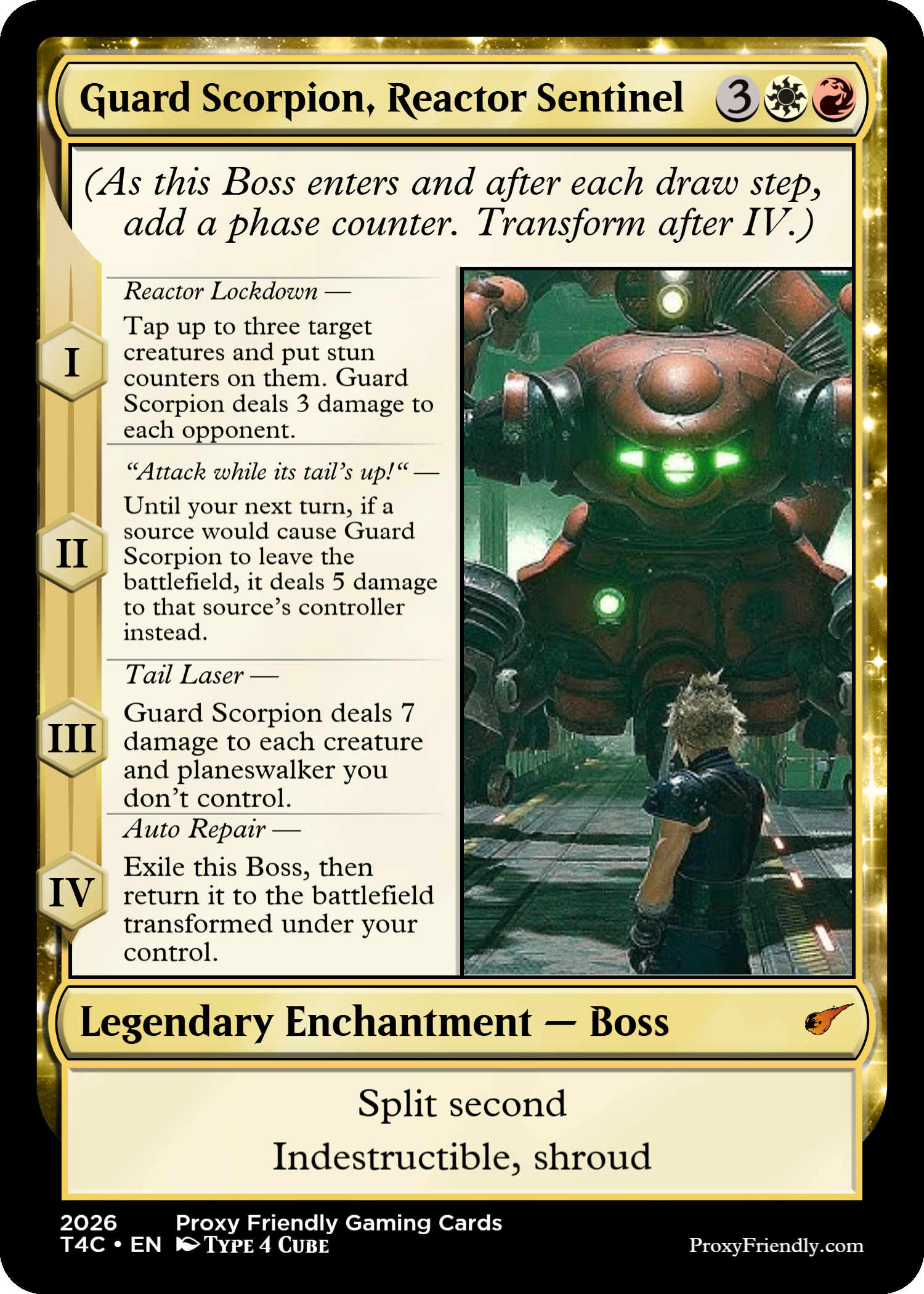A collectible trading card titled 'Guard Scorpion, Reactor Sentinel'. The card features an illustration of a large robot scorpion with glowing green lights, facing a person in a dark urban environment. The card contains game instructions and characteristics such as 'Legendary Enchantment - Boss' and abilities like 'Reactor Lockdown', 'Attack while its tail's up!', 'Tail Laser', and 'Auto Repair'. The card has a golden border and other design elements, with a small fire icon at the bottom right corner.