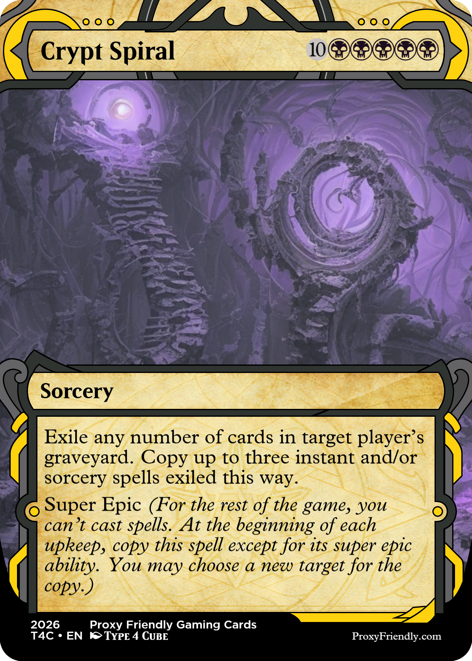 A fantasy-themed gaming card titled 'Crypt Spiral' with an illustration of purple swirling spirals and structures in a dark, mystical environment. The card is part of Proxy Friendly Gaming Cards, produced in 2026, and is classified as a Type 4 Cube card.