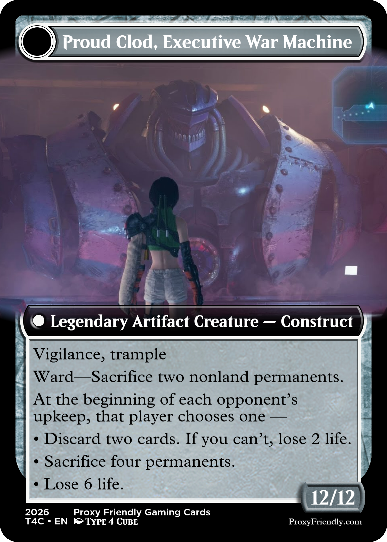A virtual game card titled "Proud Cloud, Executive War Machine" featuring artwork of a large, menacing robot with a skull-like face and glowing eyes, standing behind a person facing it, in a sci-fi setting. The card has details describing the robot as a Legendary Artifact Creature — Construct, with abilities and game effects, and includes game stats and legal information at the bottom.