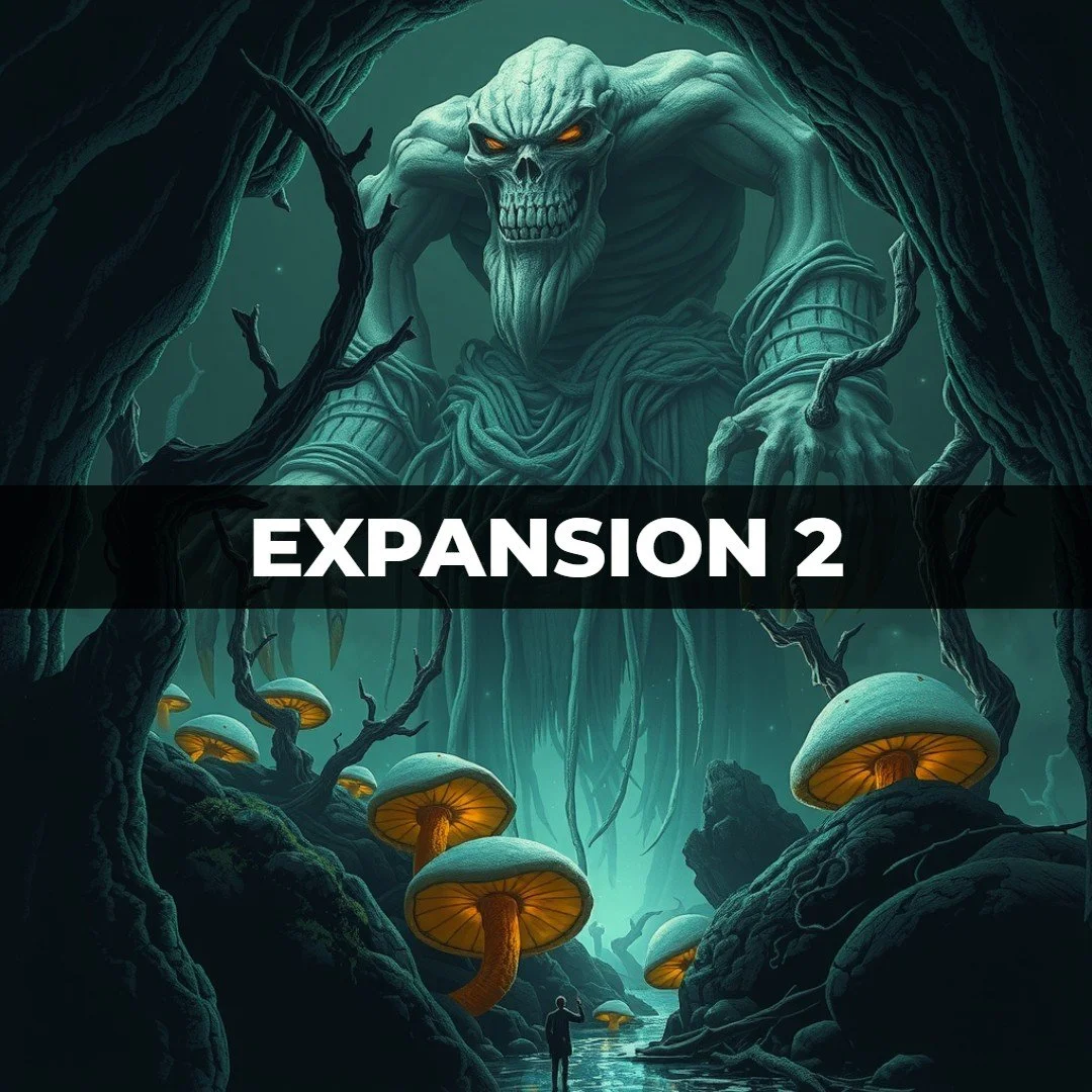 A fantasy illustration featuring a giant skeletal creature with glowing eyes emerging from a dark forest, with large glowing mushrooms, and a small person standing in the foreground. The text "Expansion 2" is overlaid in the center.