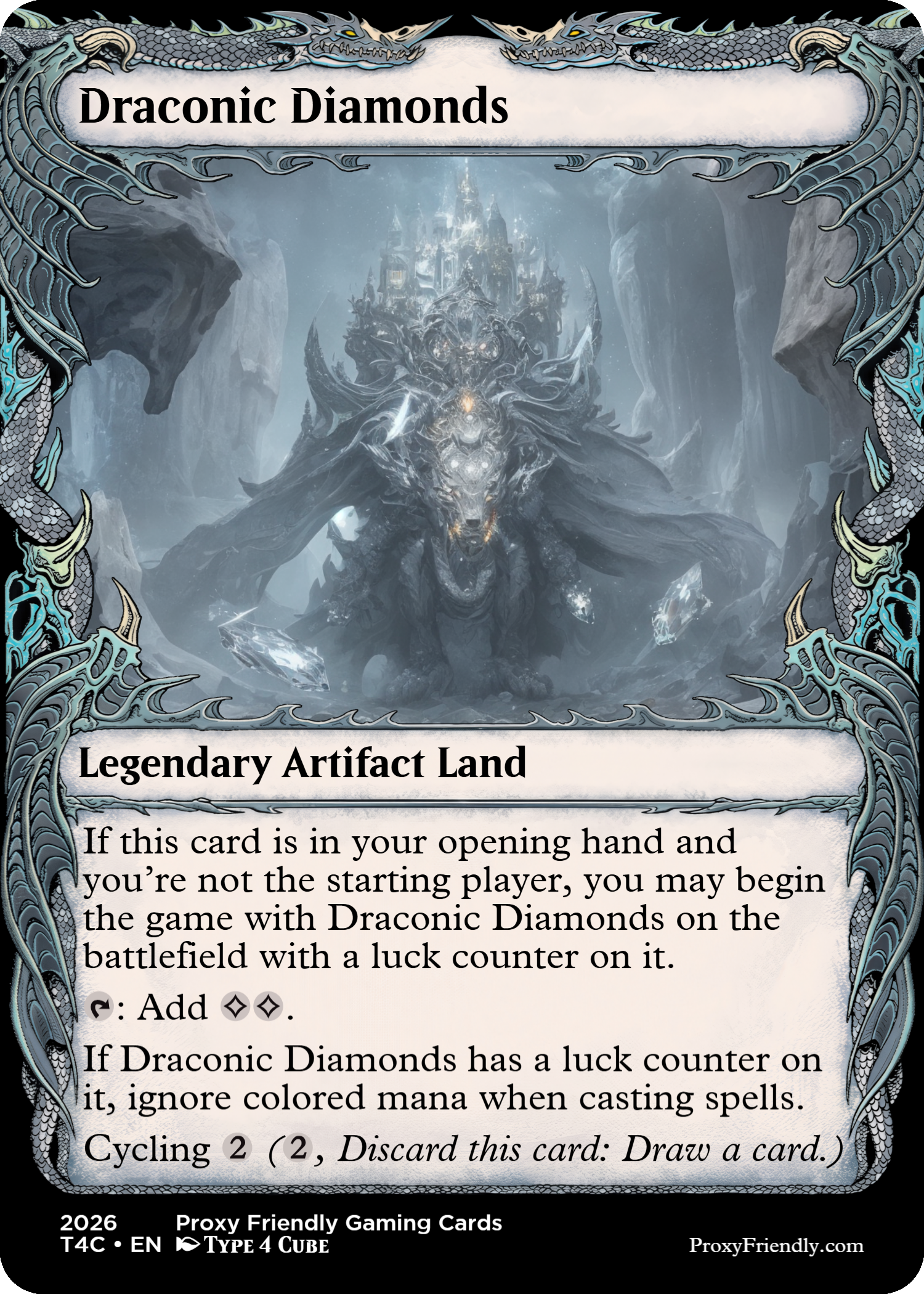A fantasy trading card titled "Draconic Diamonds" depicts a dark, armored dragon on a snowy mountain landscape. The card has a dragon-themed border with serpents and scales, and features text describing it as a legendary artifact land with game mechanics details at the bottom.