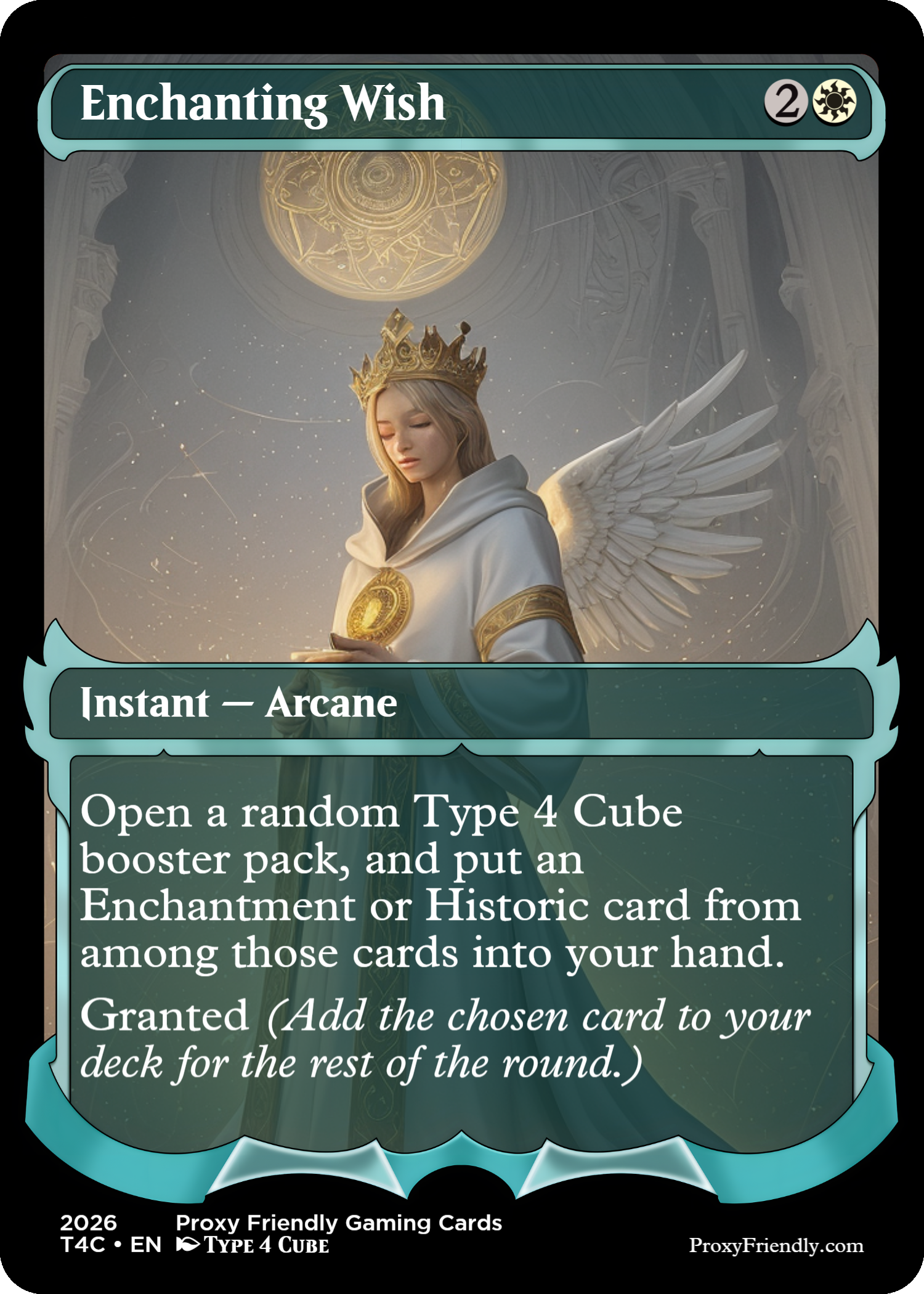 A fantasy-themed card titled 'Enchanting Wish' featuring a young woman with long hair, wearing a crown and white robes, holding a glowing golden coin while standing with angelic wings behind her. The background includes celestial and architectural elements.