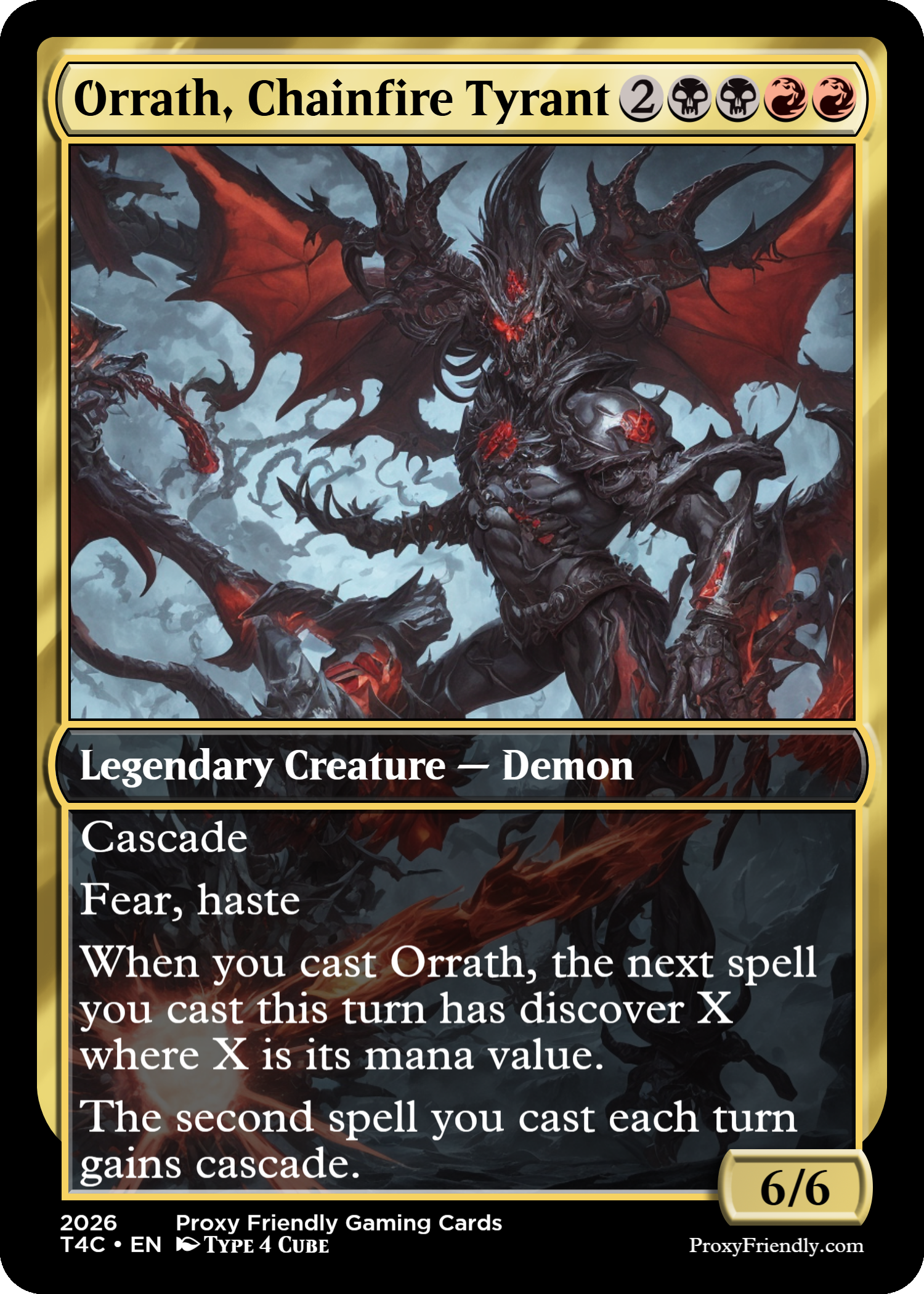 Artwork of Orrath, Chainfire Tyrant, a large demon with dark armor, red wings, and multiple horns, standing menacingly with glowing red eyes and an open mouth.