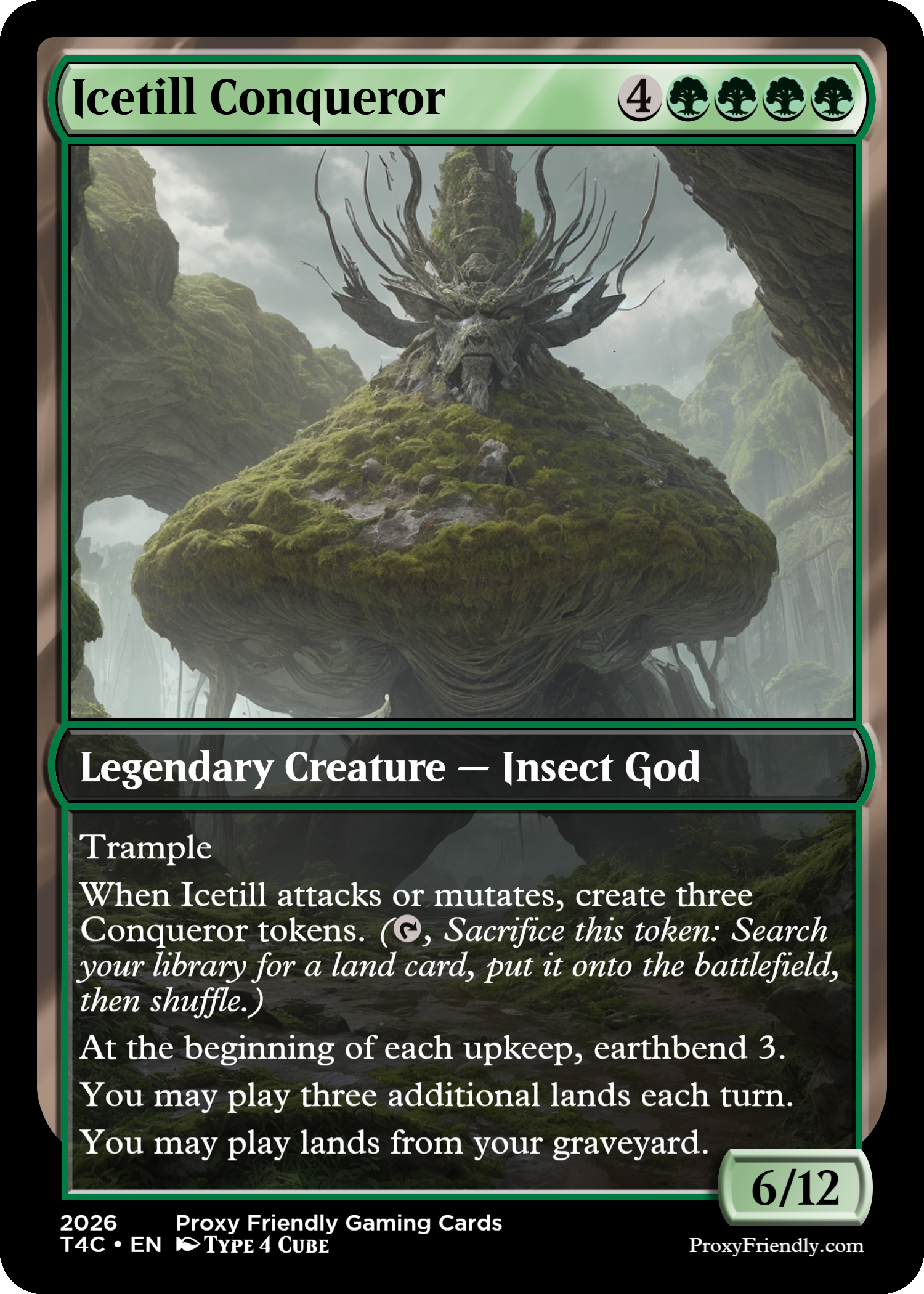 A fantasy trading card titled 'Icetill Conqueror' featuring a large floating moss-covered island with a tree-like creature with branch-like antlers and a face on top of the island, set in a misty forest environment.