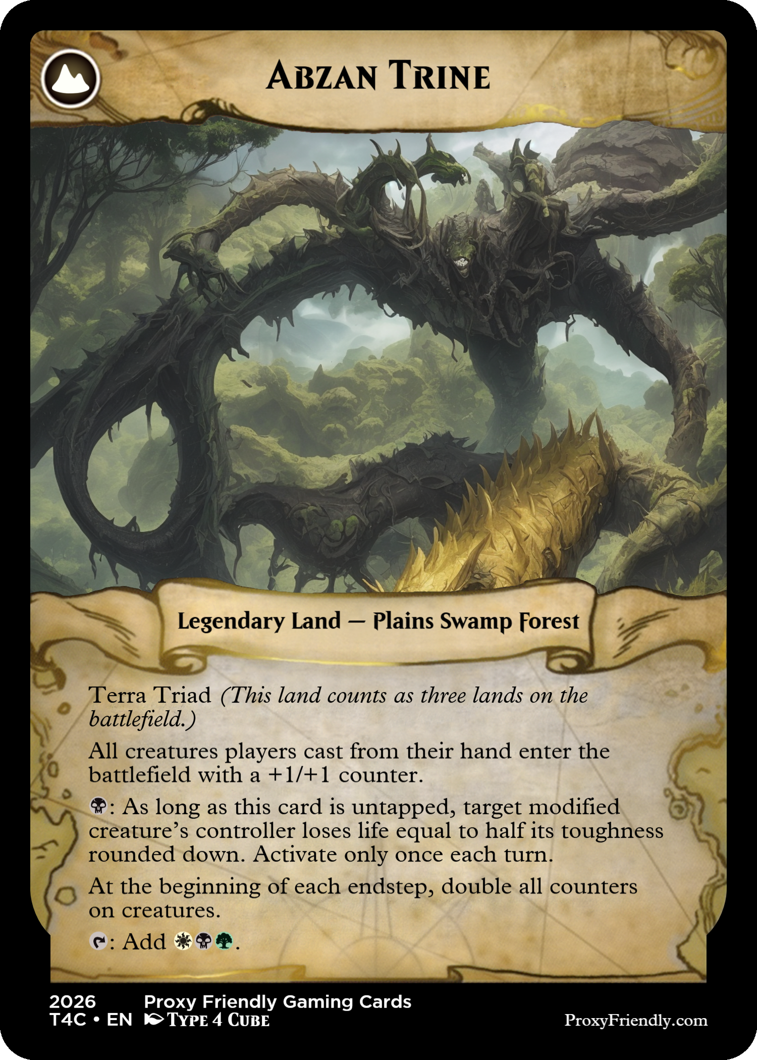 A fantasy-style card titled 'Abzan Trine' showing a massive, twisted tree creature in a swamp forest with moss and rocks in the background.