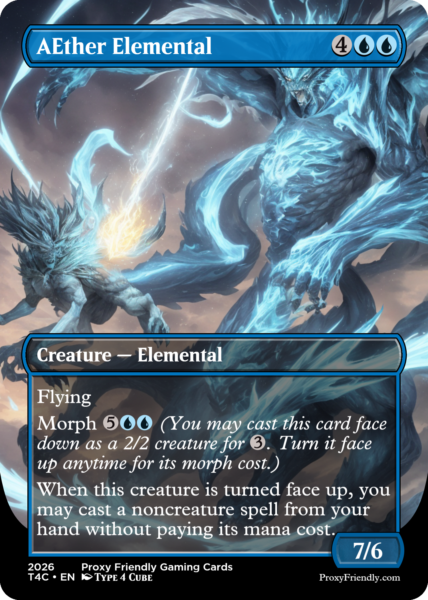 A fantasy illustration of two icy elemental creatures battling in the sky, with lightning and icy effects.