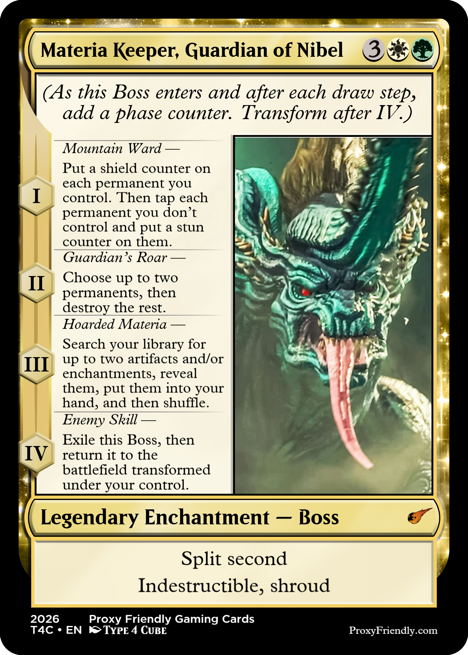 A Magic: The Gathering card titled "Materia Keeper, Guardian of Nibel" featuring a blue and green dragon with glowing red eyes, with four ability descriptions on the left side and gold border with sparkles.