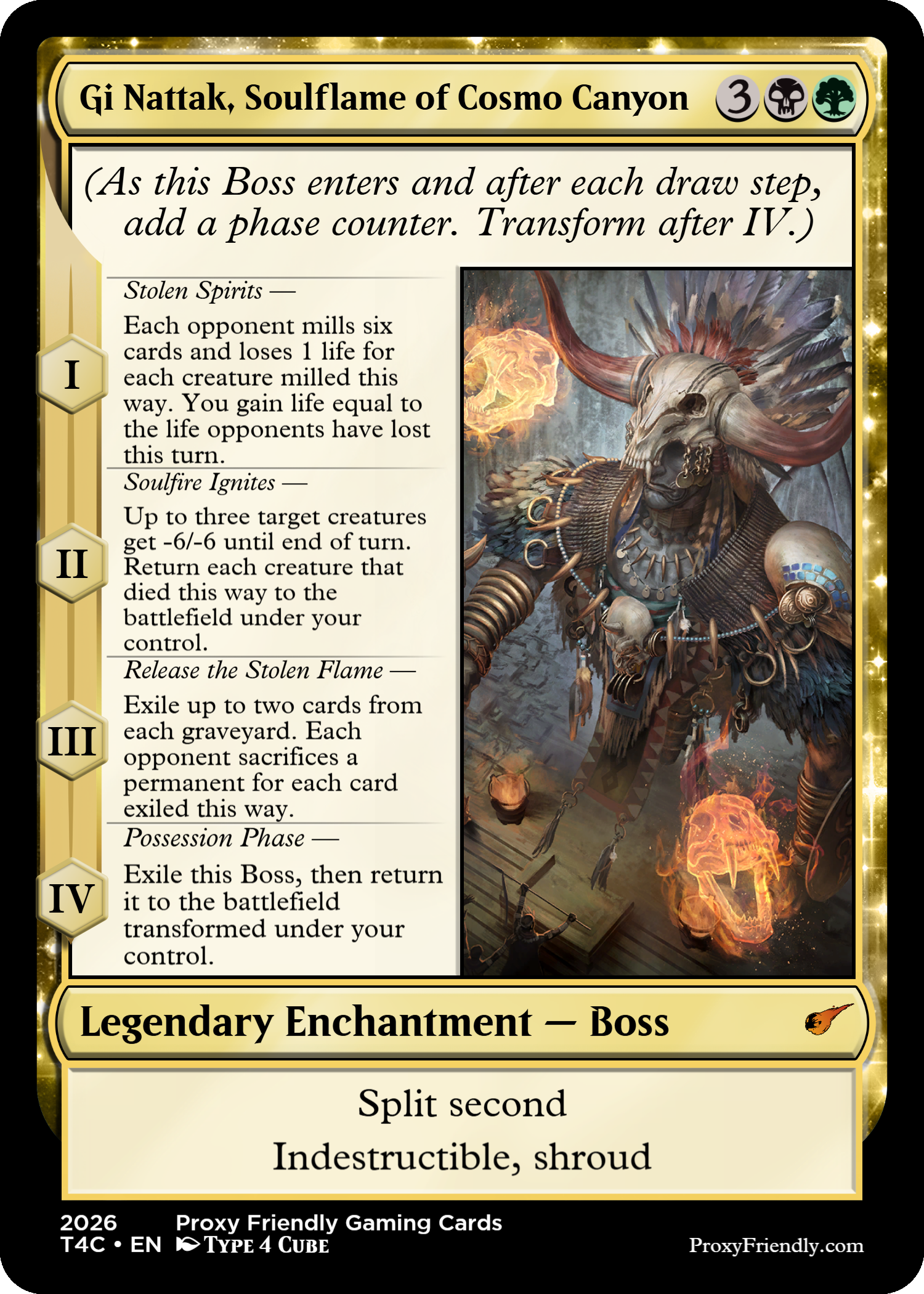 A Magic: The Gathering card titled 'Gi Nattak, Soulflame of Cosmo Canyon' featuring artwork of a shamanistic figure wearing a bone mask and tribal attire, surrounded by flames and dark, mystical elements.