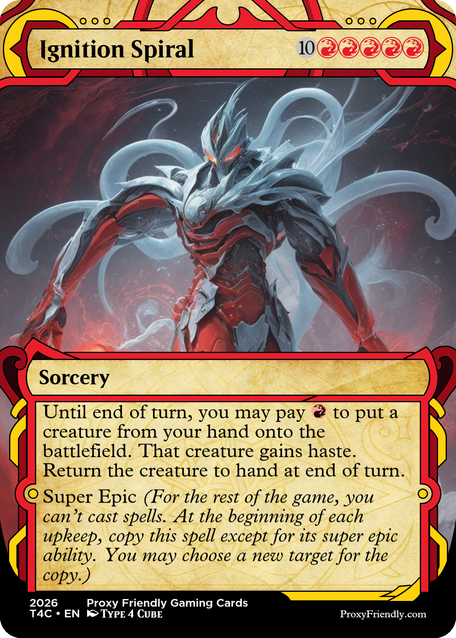 A digital illustration of a futuristic armored humanoid creature with a wolf-like face, glowing red eyes, and swirling energy around it, set against a dark, starry background.