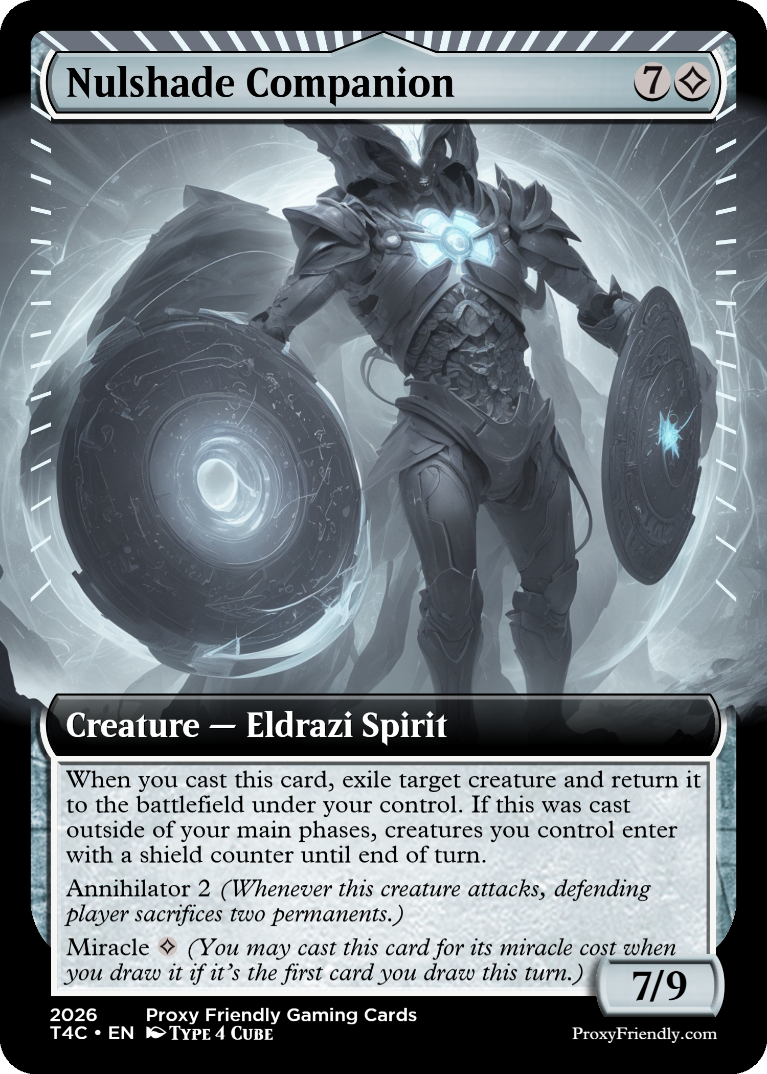 A digital illustration of Nilshade Companion, a creature with a humanoid appearance, dark armor, glowing blue orbs, and large shields with glowing runes, set against a mystical, glowing background.