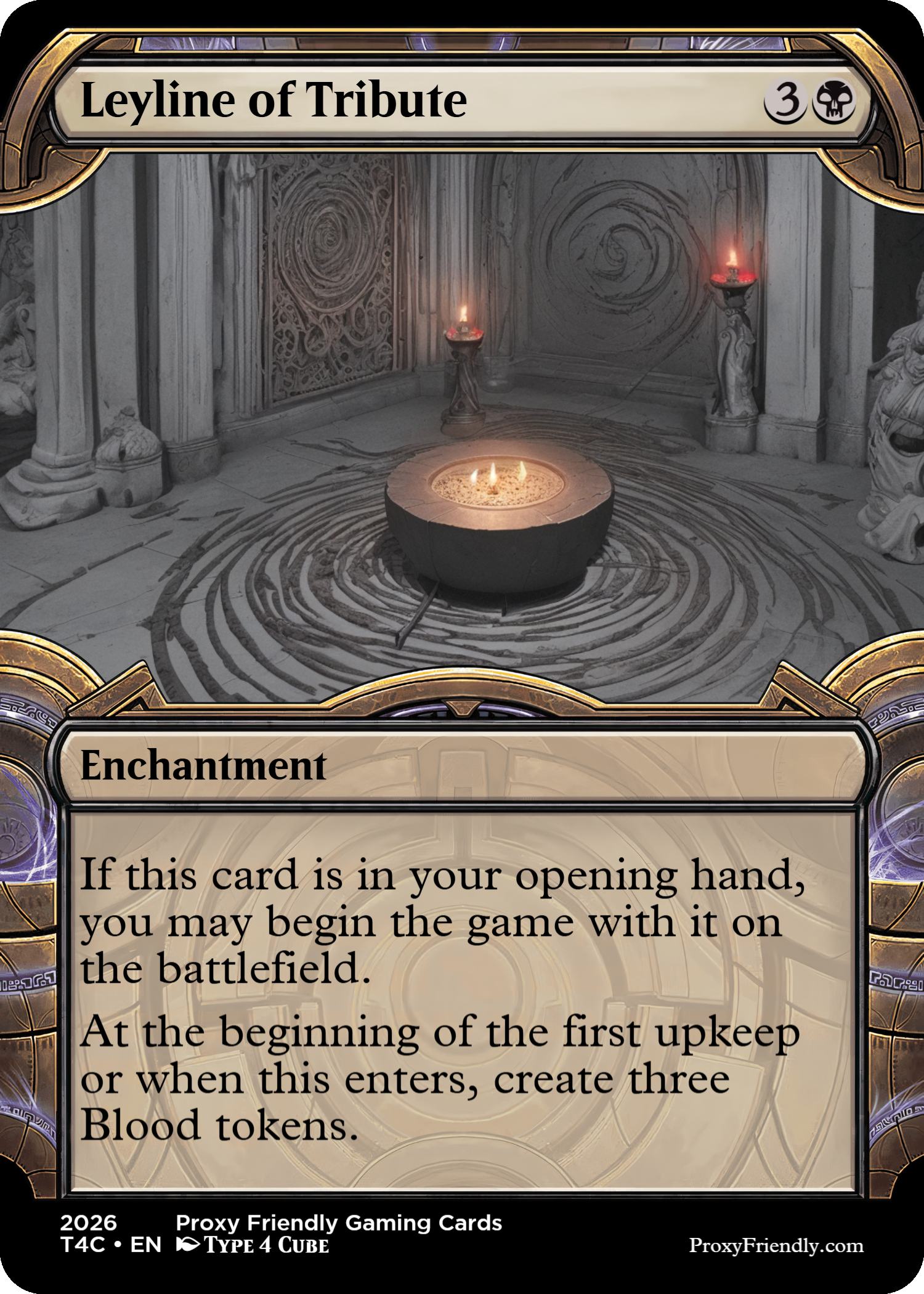 A Magic: The Gathering card titled 'Leyline of Tribute' with artwork depicting a stone altar with glowing runes and three small flames. The background shows a stone chamber with candles on pedestals and carved walls featuring spiral patterns.
