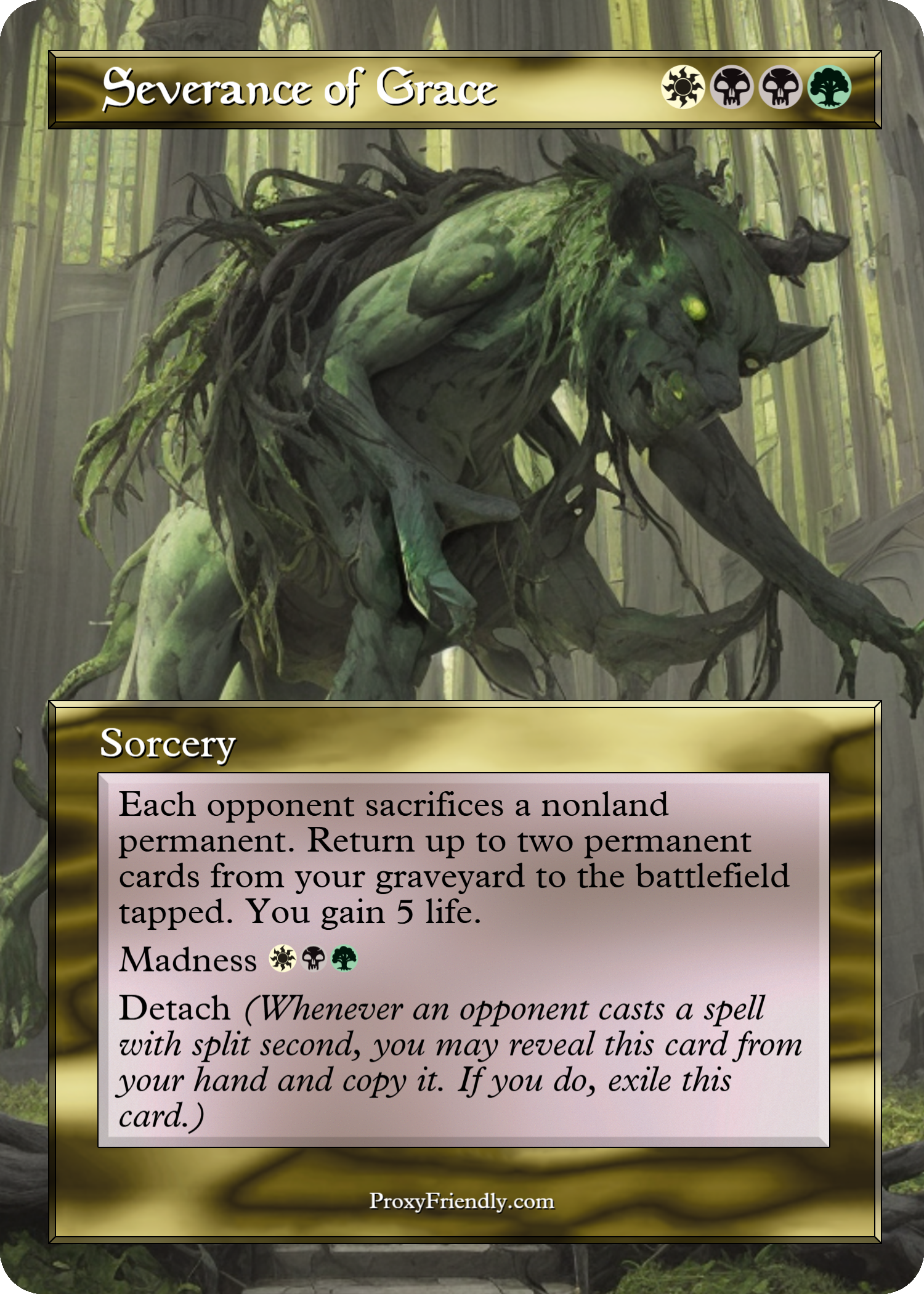 A fantasy card game card titled 'Severance of Grace' features an illustration of a creature with the body of a tree, a humanoid face, and branches and roots extending from its form. The card's effects and abilities are described in text, including sacrificing a nonland permanent, gaining life, and casting spells with certain conditions. The card has various symbols at the top and bottom, indicating its mana cost and other game-related attributes.