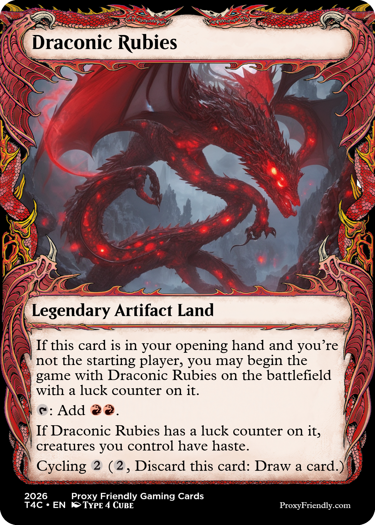 A fantasy trading card titled "Draconic Rubies" features a large red dragon with glowing spots, wings, and fierce appearance, set against a mountainous background. The border is decorated with intricate red and gold dragon designs.