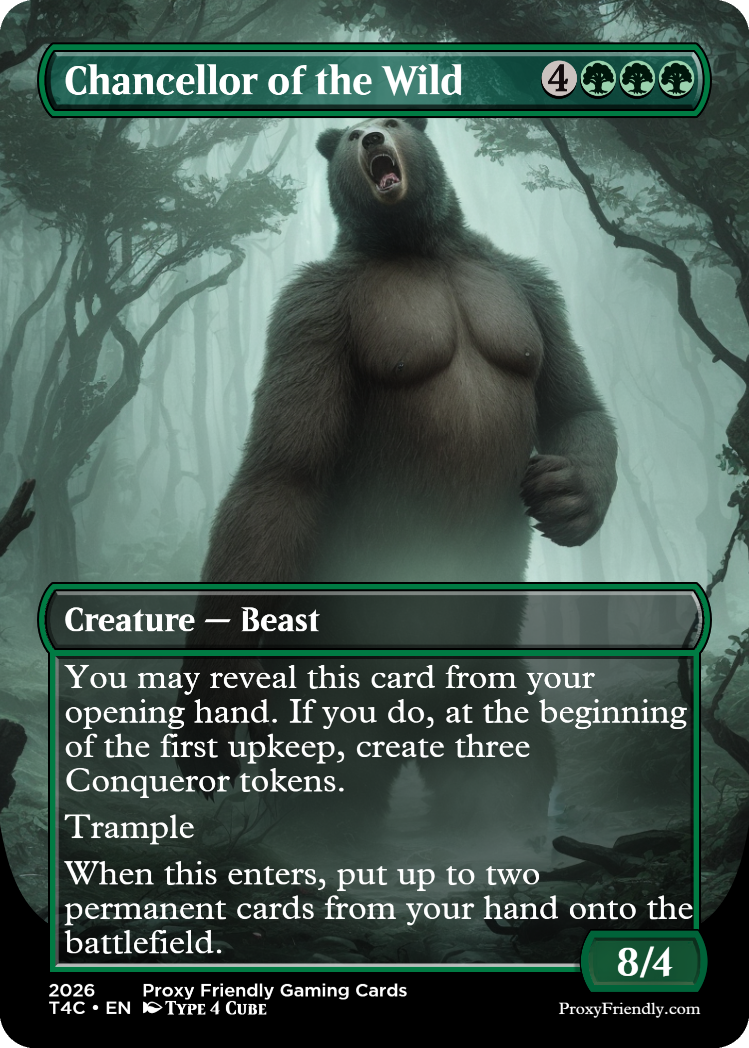 A fantasy trading card titled "Chancellor of the Wild" featuring a bear with the body of a man, standing in a misty forest with trees. The card indicates it is a creature - beast, with a power and toughness of 8/4, and some game mechanics and text.