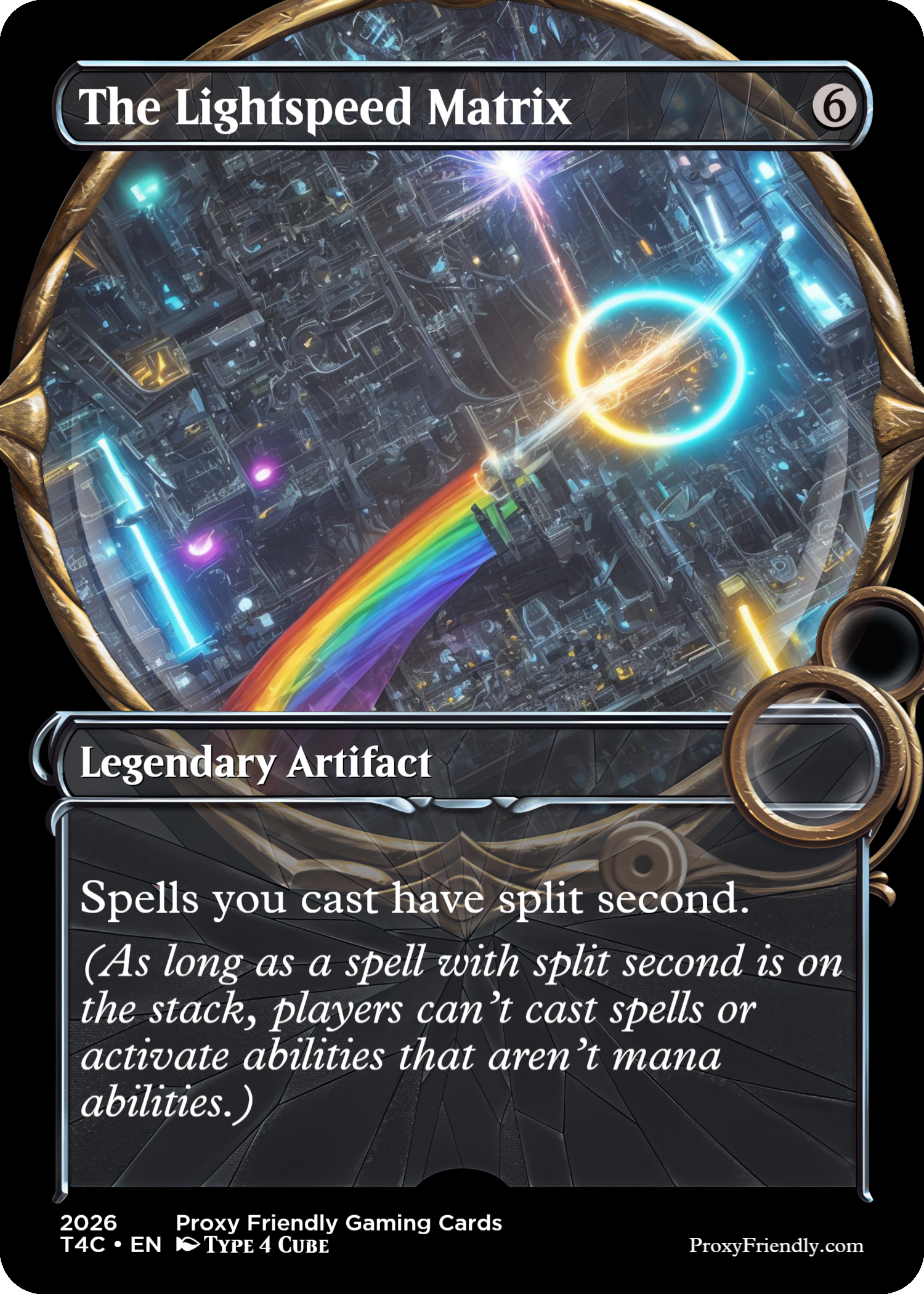 A trading card titled 'The Lightspeed Matrix' featuring a digital artwork of a rainbow-colored light beam passing through a futuristic cityscape with glowing elements. The card is labeled as a 'Legendary Artifact' that spells you cast have split second, with additional game rules in smaller text. The card has a border with a metallic, ornate appearance.