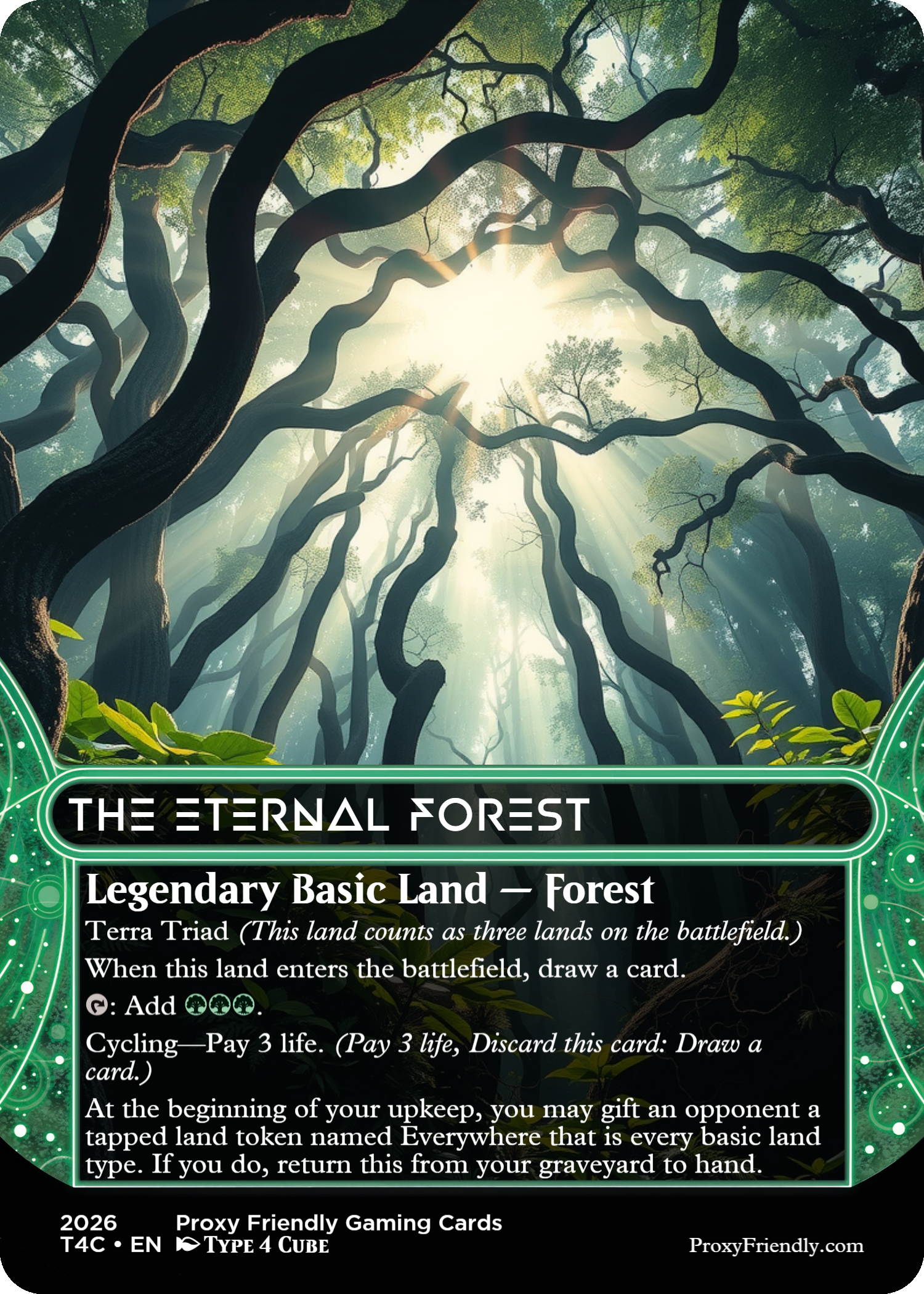 Sunlight filtering through the branches of tall, twisted trees in an ancient forest.