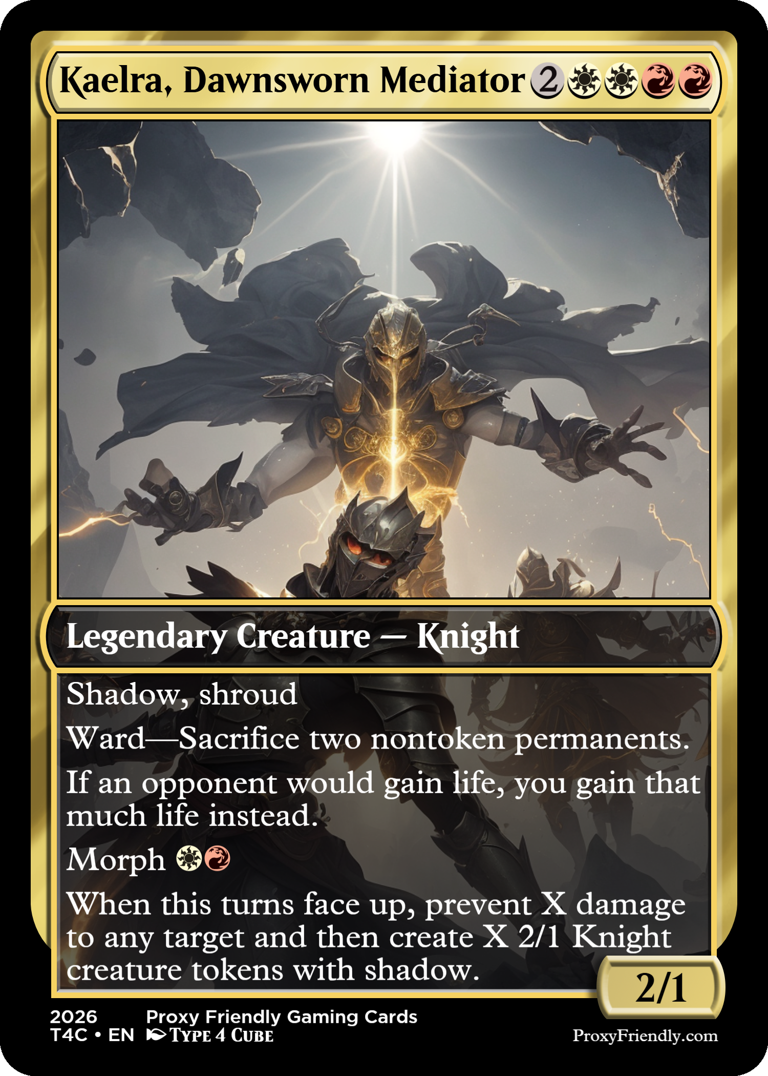 A fantasy trading card titled "Kaelra, Dawnsworn Mediator" depicting a knight with a glowing golden chest, wearing armor and a cape, surrounded by rocky floating islands and lightning, with a dark armored knight in the foreground.