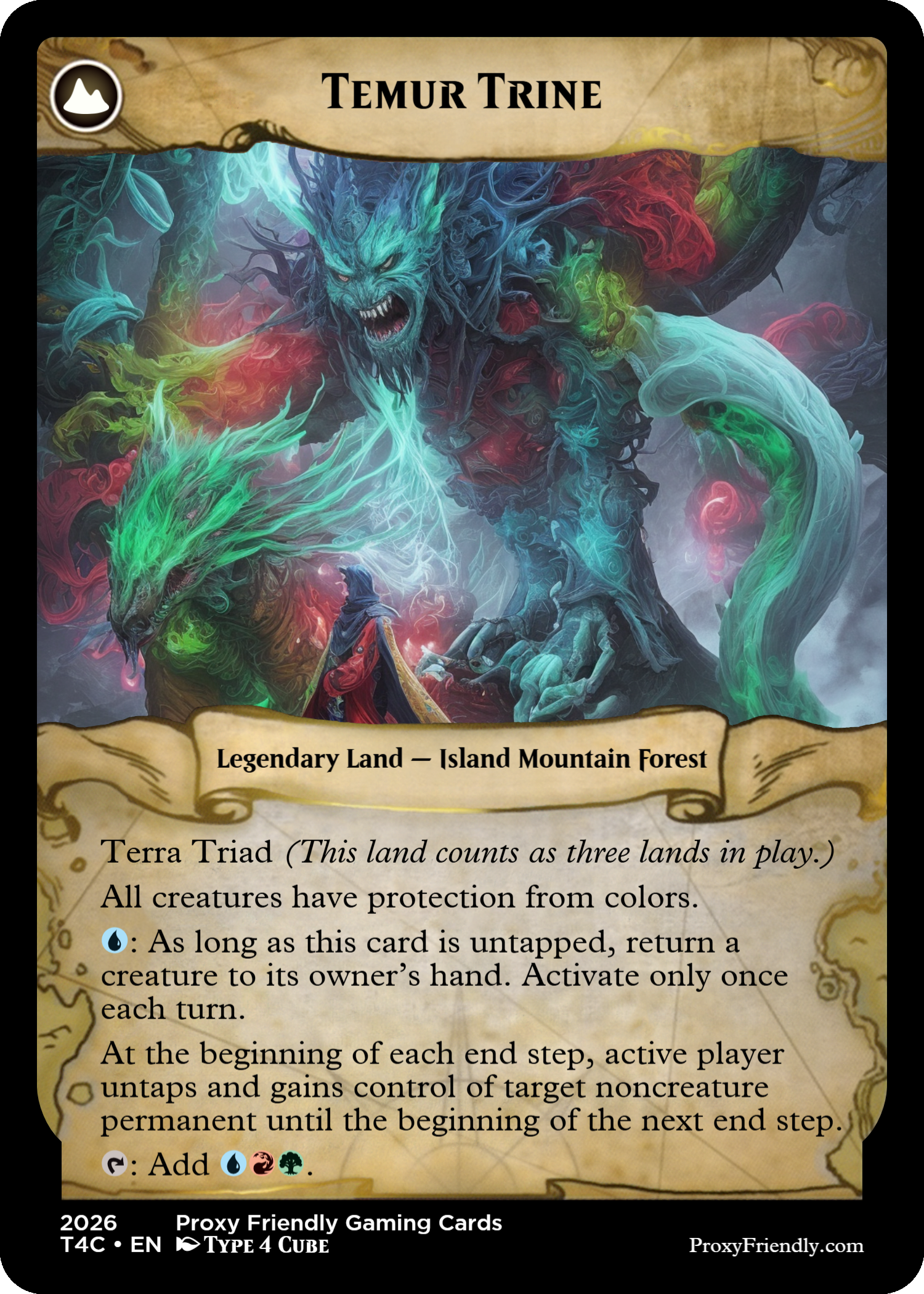 A colorful fantasy card titled "Temur Trine" depicts a legendary island mountain forest in a game setting. The illustration features a massive, fierce, dragon-like creature with glowing blue and red accents and a smaller, green, wolf-like figure emitting energy. A figure in the foreground examines the scene, against a dark, misty background.