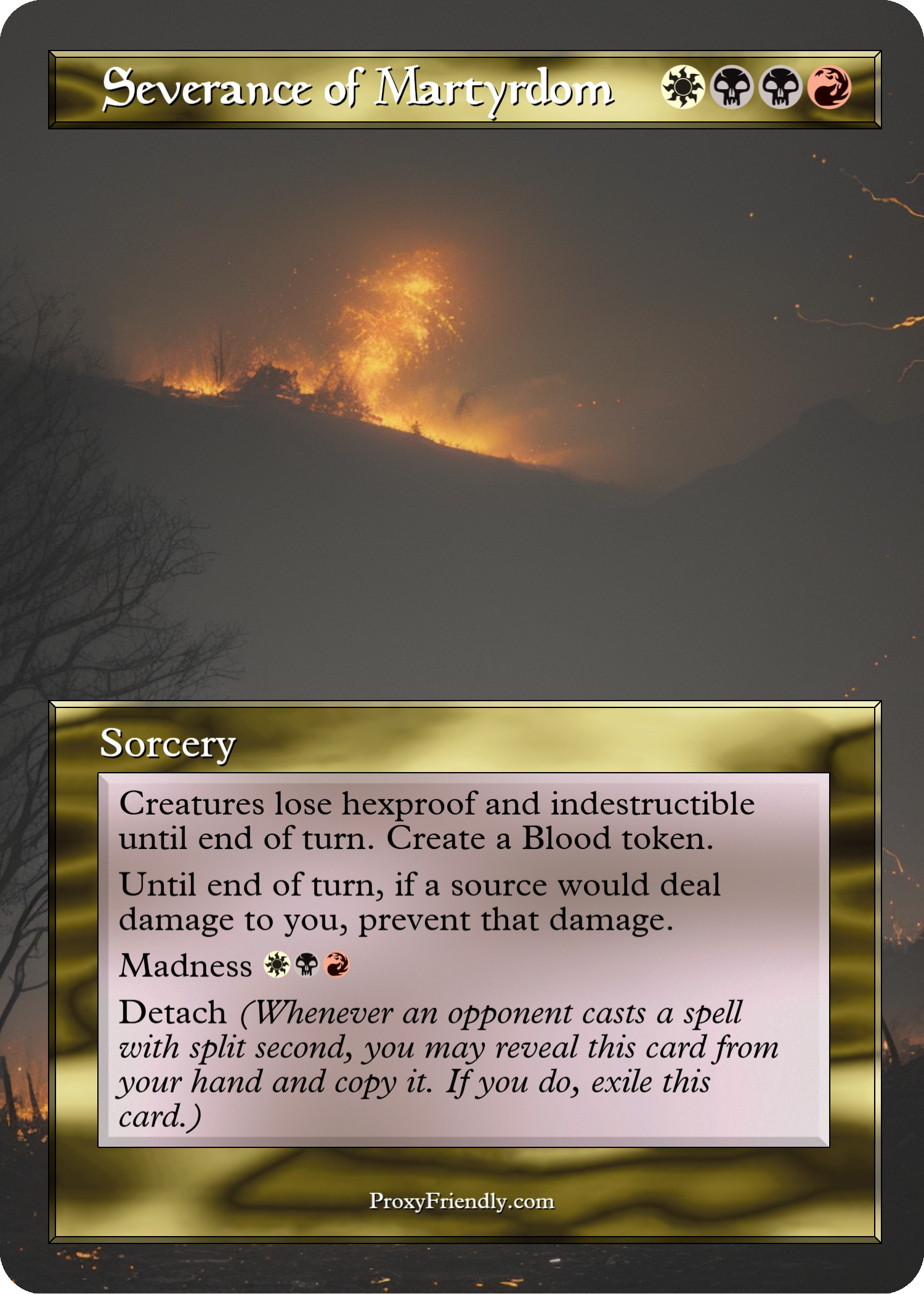 A digital card from a game titled 'Severance of Martyrdom' with a background of a wildfire on a mountain, and icons representing game mechanics at the top. The card includes a section named 'Sorcery' with game instructions and a website link at the bottom.