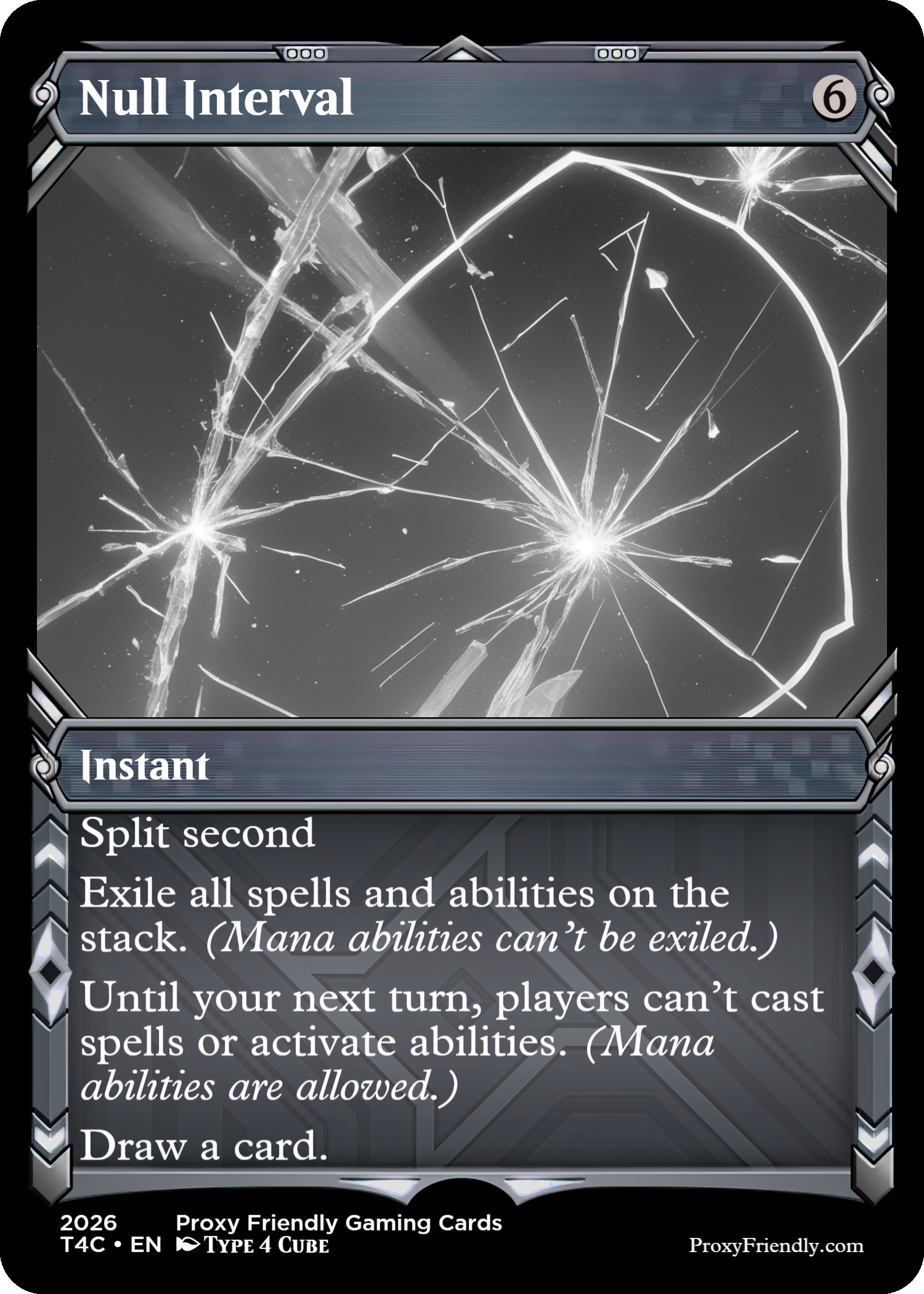 A cracked glass surface is depicted with bright light effects, alongside a gaming card titled 'Null Interval' from Proxy Friendly Gaming Cards, indicating it is an instant card with specific game effects.