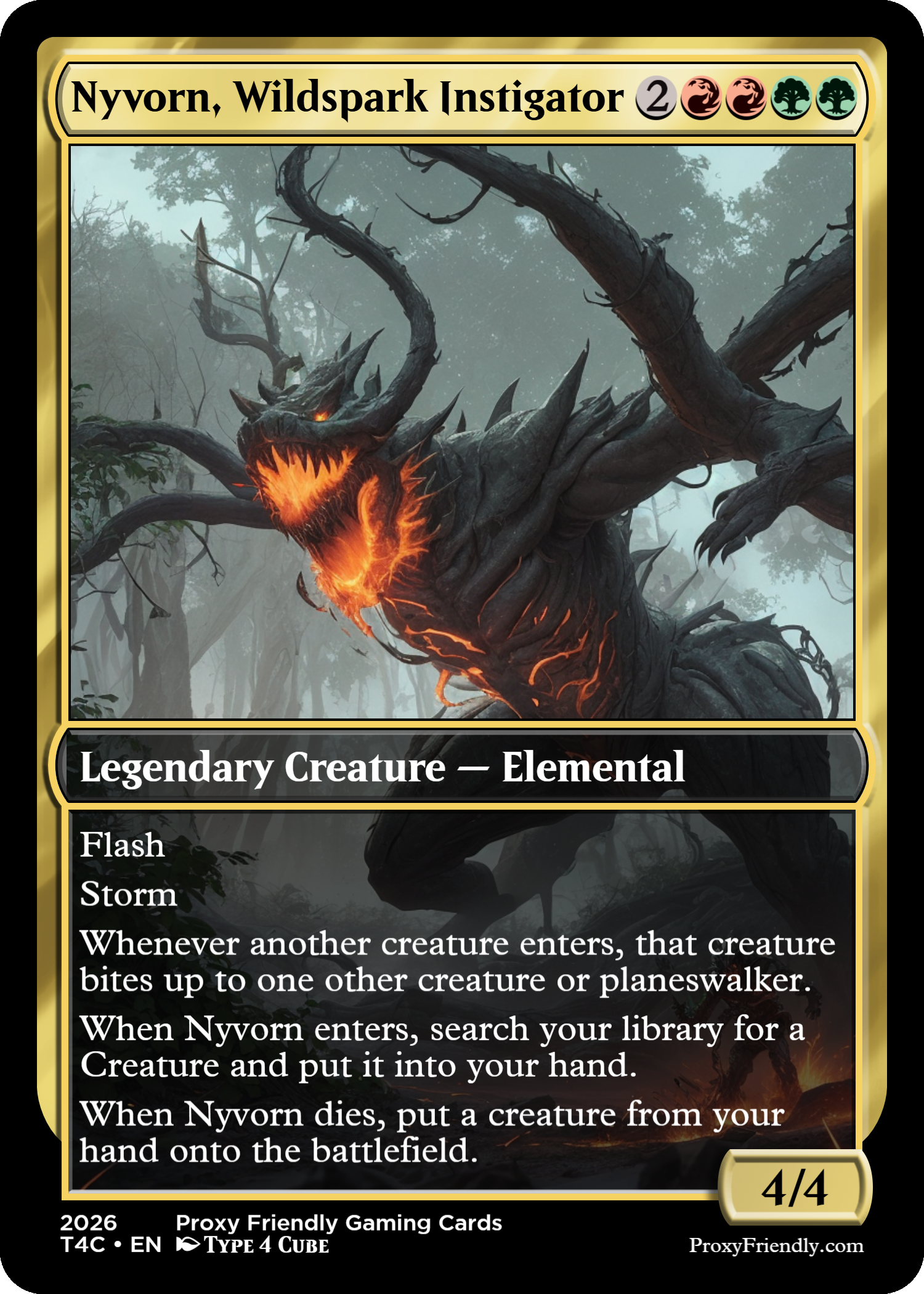 A trading card titled Nyvorn, Wildspark Instigator featuring a dark, tree-like creature with glowing orange and fiery mouth in a foggy forest background.