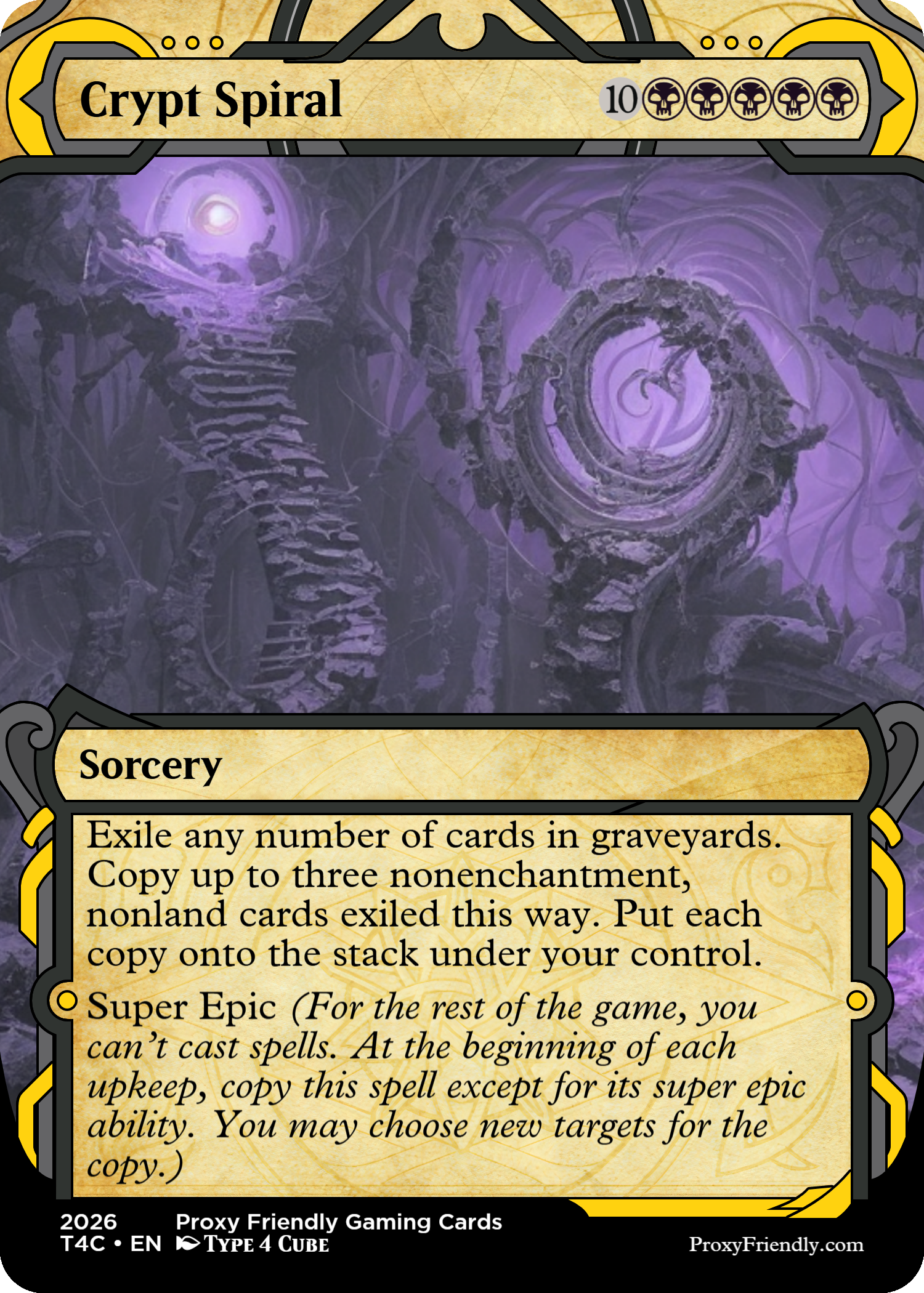 A fantasy-themed gaming card titled 'Crypt Spiral' with an illustration of purple swirling spirals and structures in a dark, mystical environment. The card is part of Proxy Friendly Gaming Cards, produced in 2026, and is classified as a Type 4 Cube card.