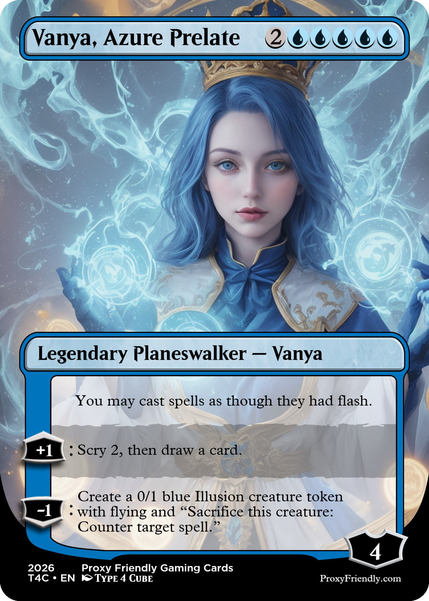 Magic: The Gathering card titled 'Vanya, Azure Prelate' featuring a woman with blue hair and a crown, surrounded by blue mystical energies. Text indicates she is a legendary planeswalker with abilities involving casting spells and creating illusion tokens.