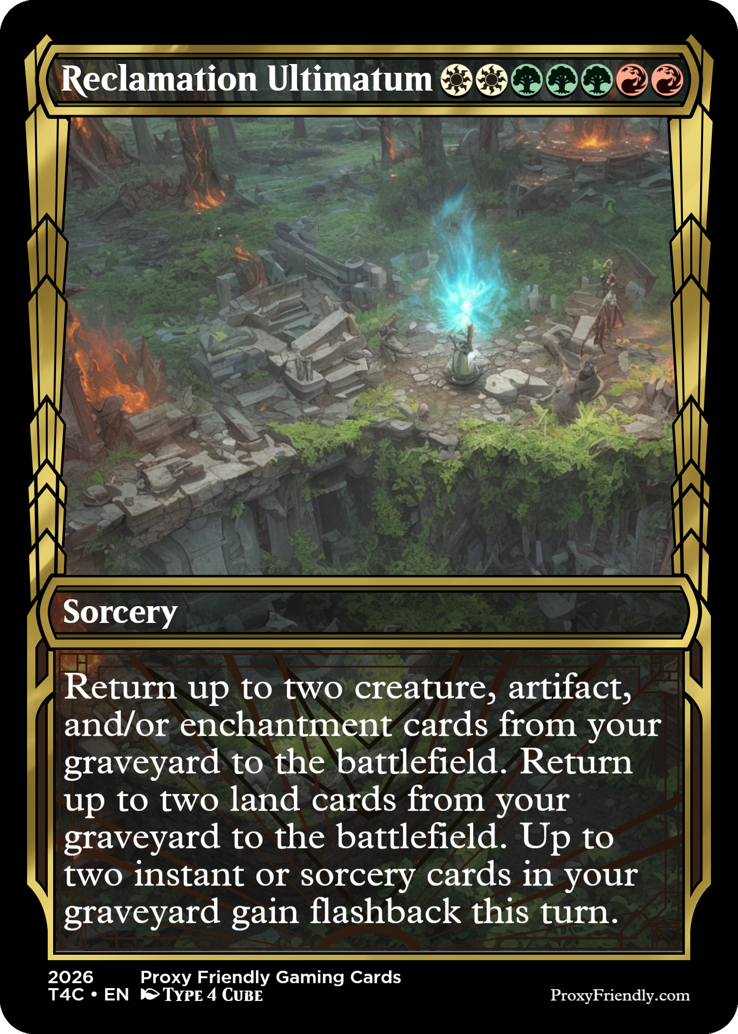A fantasy-themed trading card titled 'Reclamation Ultimatium' featuring a scene of a ruined stone structure in a forest with burning fires, green foliage, and a mystical glowing blue portal in the center. The card includes details about its game mechanics and type, with a decorative gold and black border.
