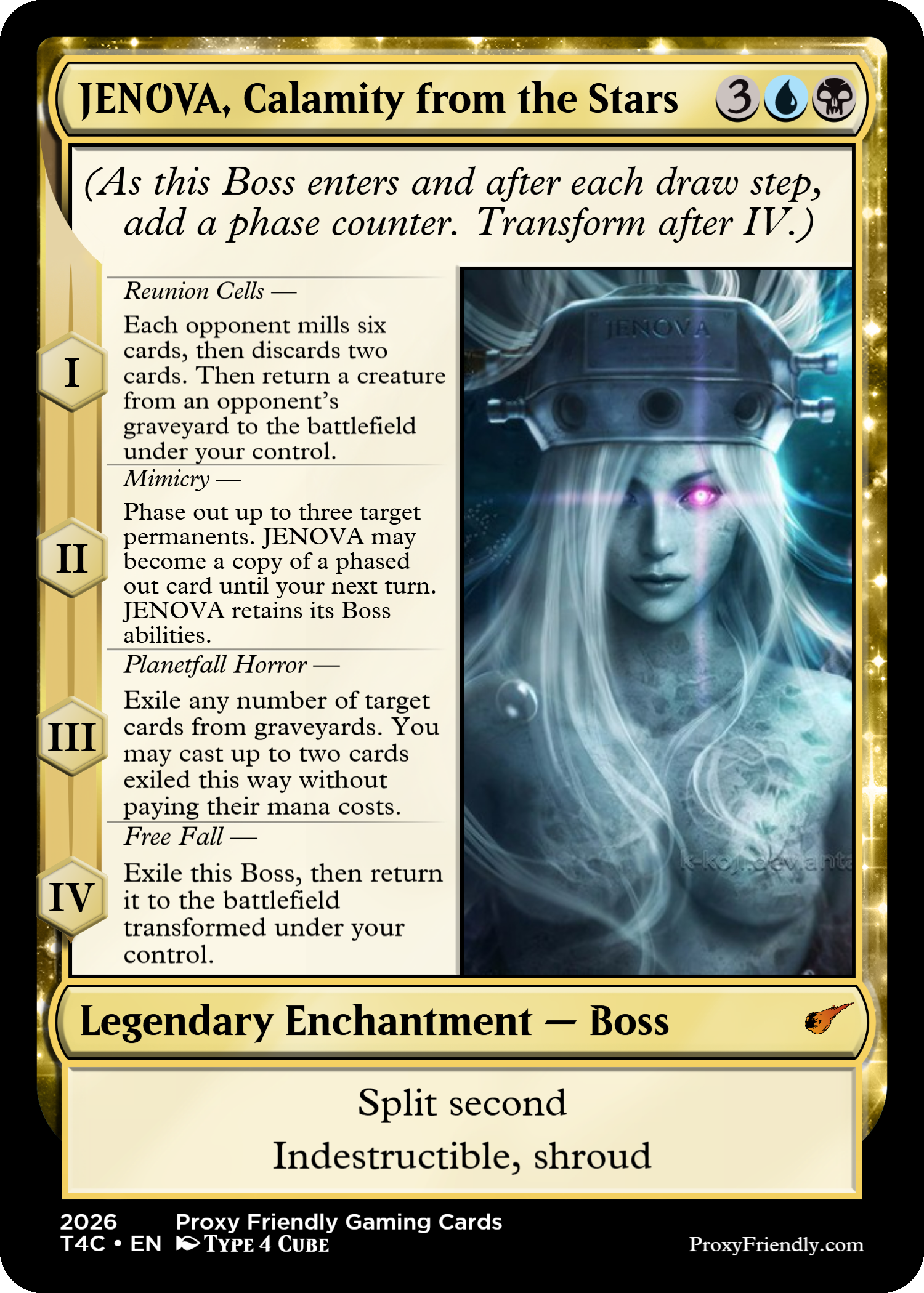 A Magic: The Gathering card titled "JENOVA, Calamity from the Stars." It features a female figure with a helmet and a glowing purple eye, surrounded by swirling energy. The card has a gold border and four mana symbols at the top right. Text on the card describes its abilities and flavor text. The bottom mentions it as a legendary enchantment – boss, with additional details and copyright information.