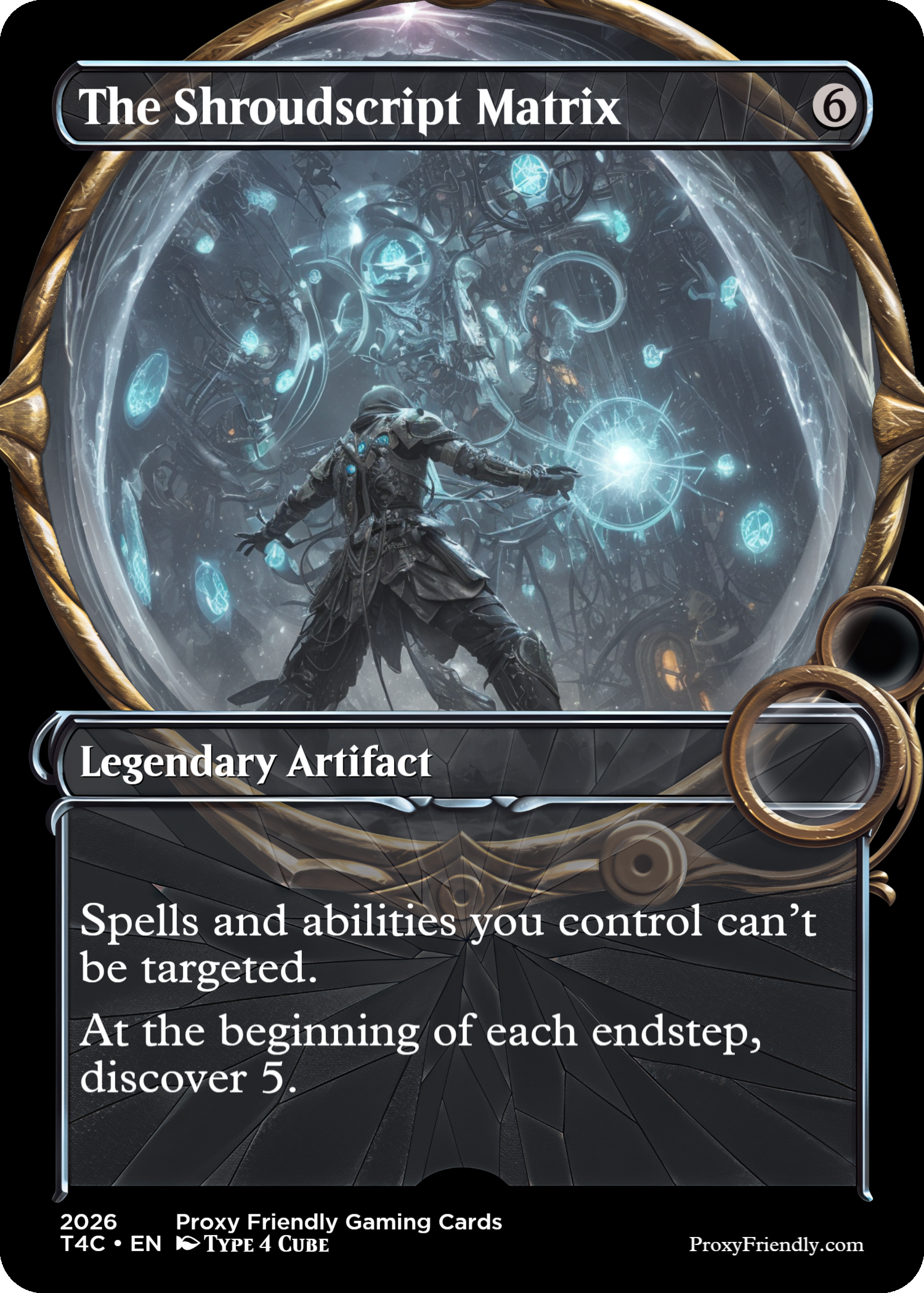 A fantasy game card titled 'The Shroudscrypt Matrix' showing a figure in dark armor manipulating glowing blue orbs and symbols inside a crystalline sphere. The card is labeled as a legendary artifact and describes its abilities.