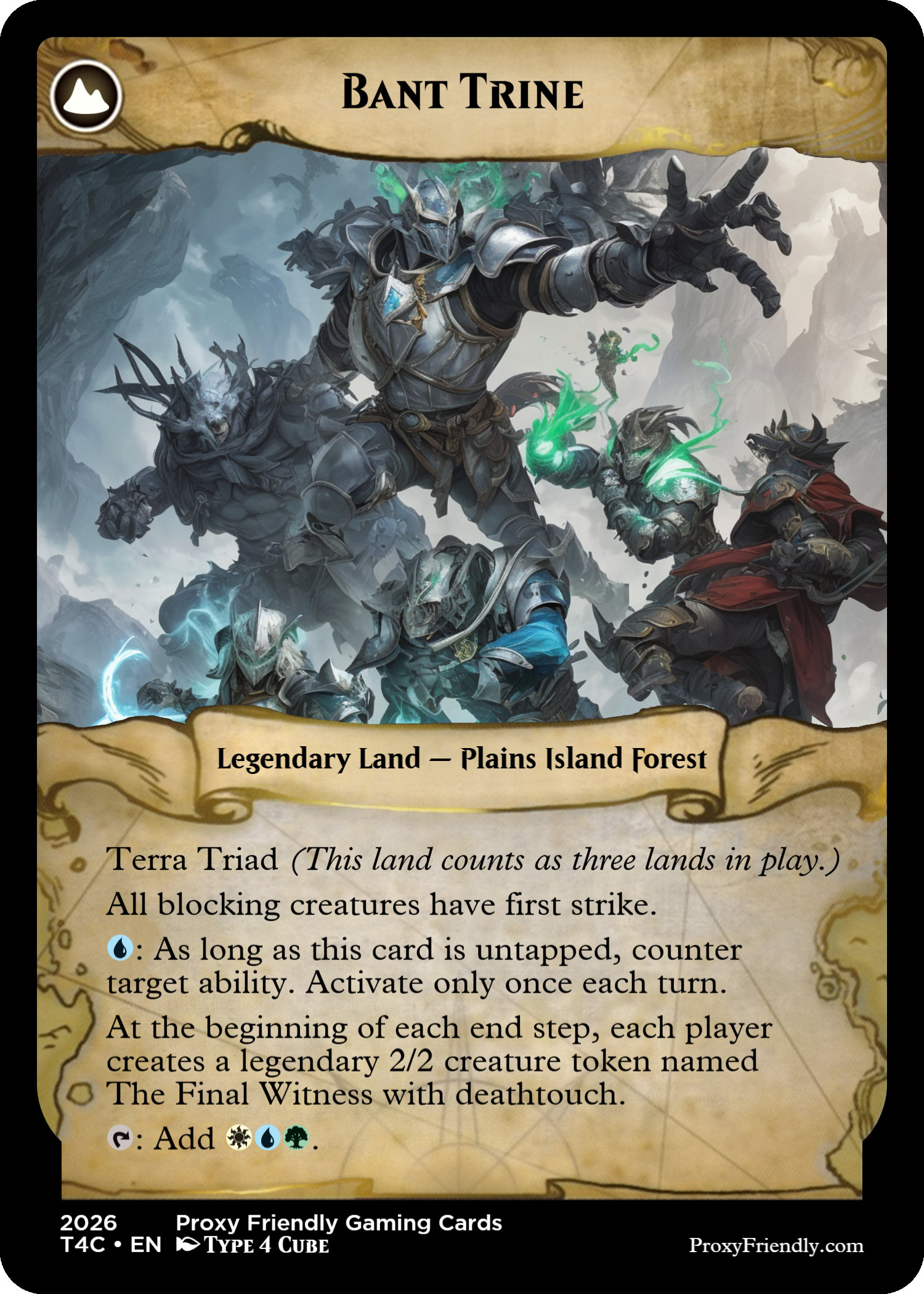 A fantasy trading card titled 'Bant Trine' featuring armored warriors in combat in a mountain forest. The card indicates a legendary land from Plains Island Forest with special abilities and game effects.
