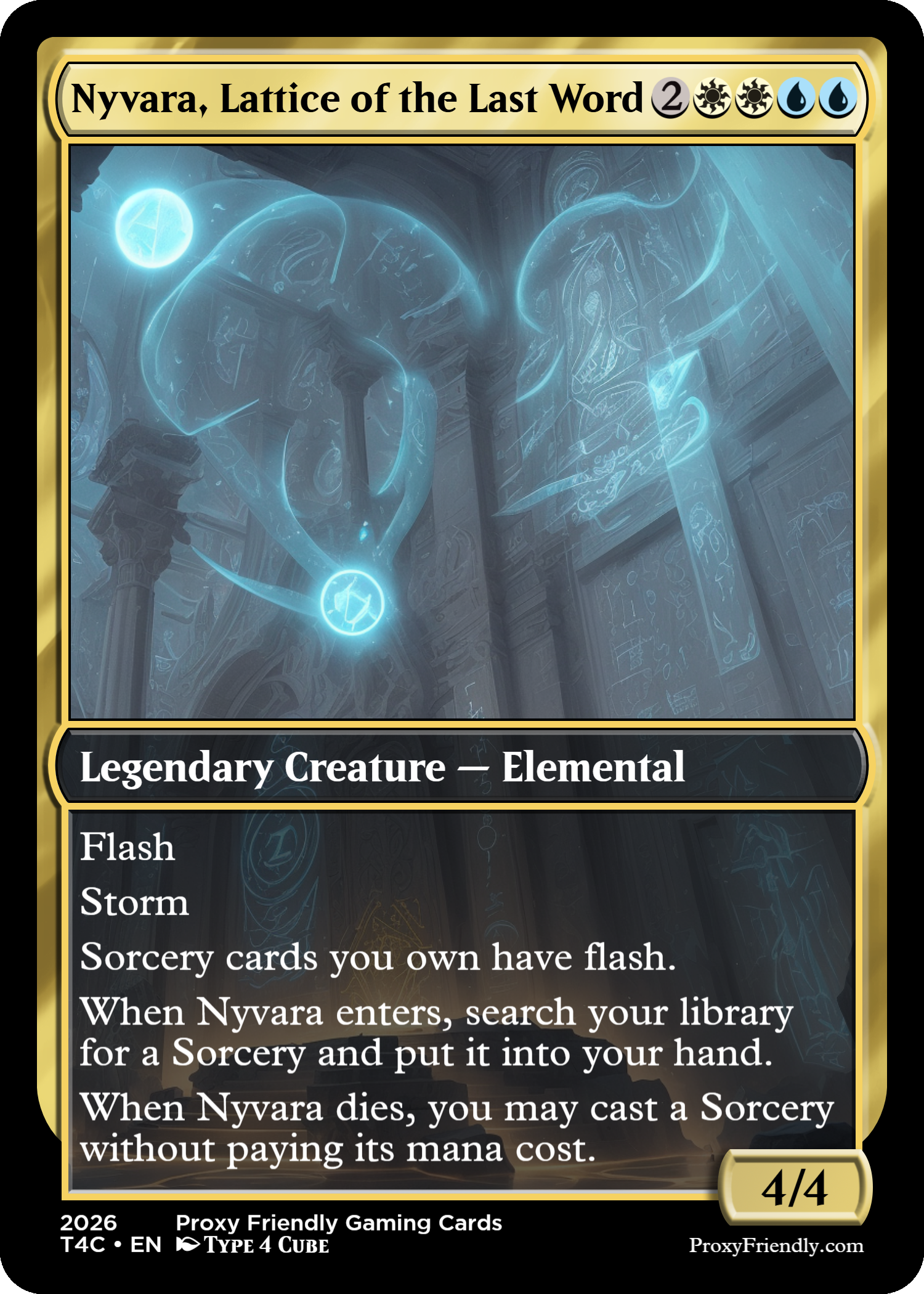A Magic: The Gathering card titled 'Nyyara, Lattice of the Last Word' with a blue and black border. The card's illustration depicts glowing blue orbs and ethereal energy within a mystical, ancient chamber with arcane symbols.
