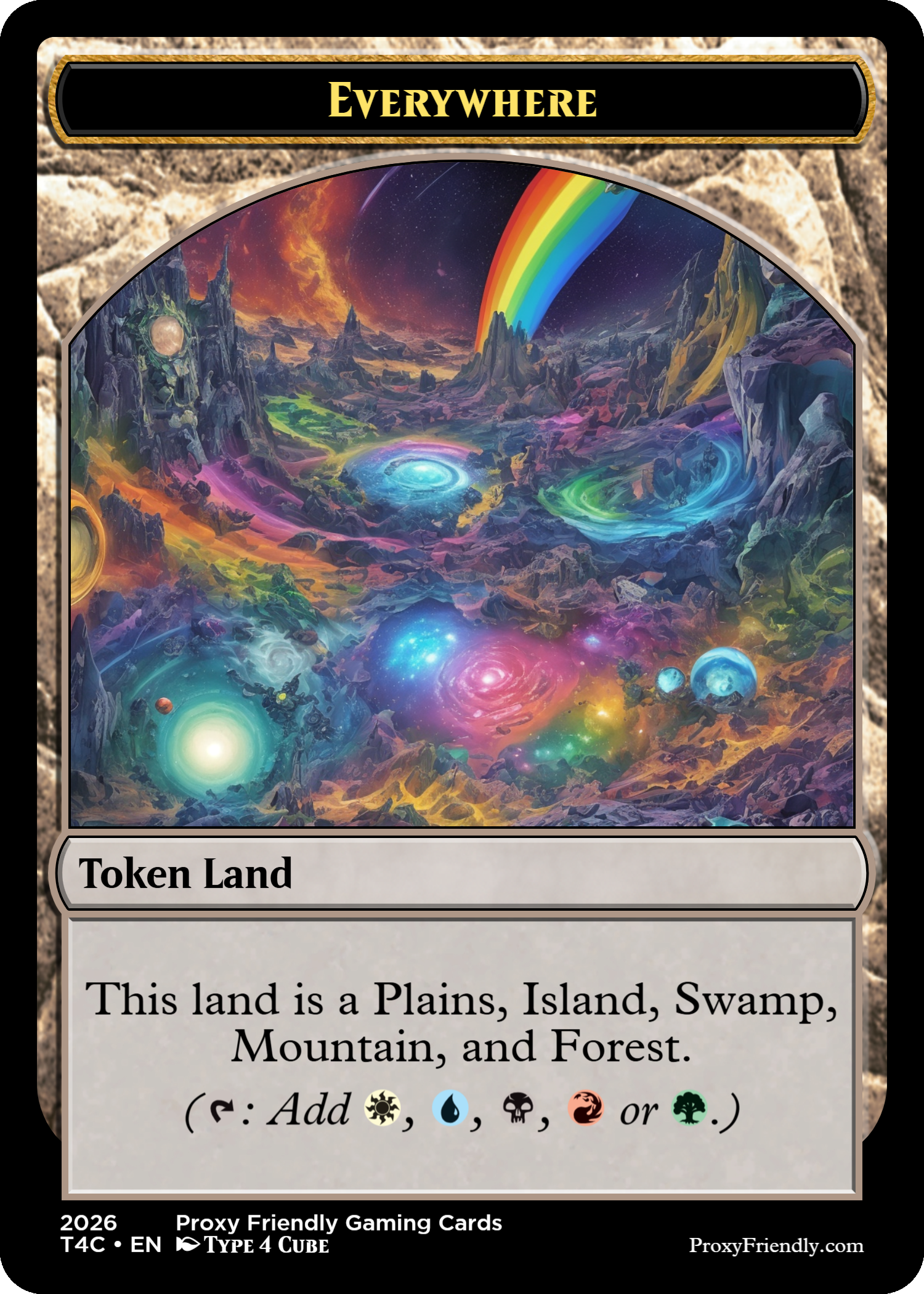 A trading card titled 'Cataclysmic Encore' from Proxy Friendly Gaming Cards featuring a scene of erupting volcanoes with dark smoke and lava, and a soldier or warrior in the foreground.