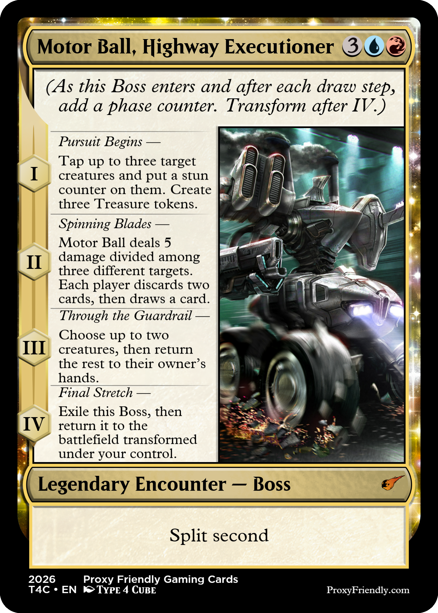 A trading card titled "Motor Ball, Highway Executioner" from a collectible card game, featuring a futuristic armored vehicle at high speed, with text describing its abilities and effects.