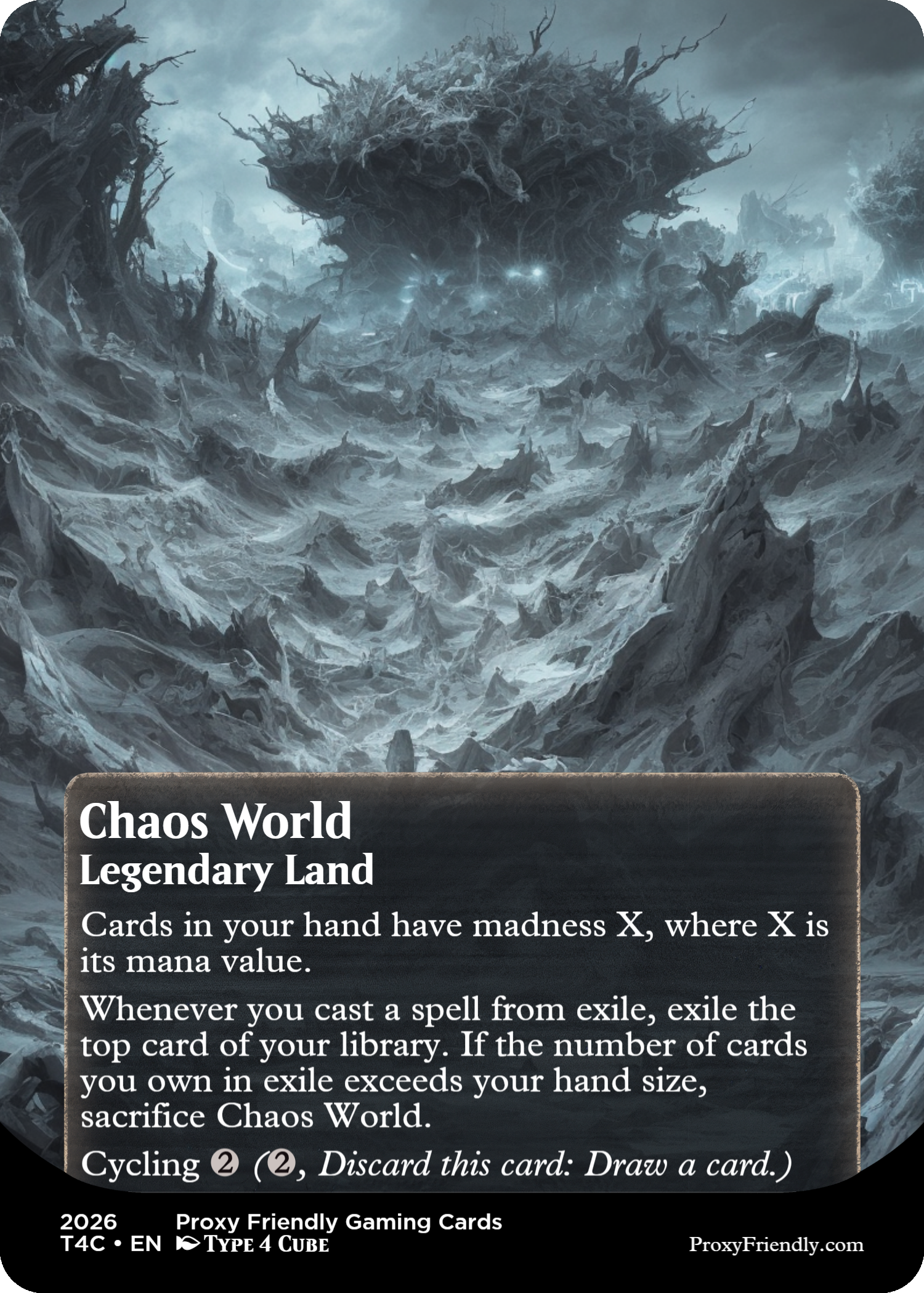 A dark, snowy landscape with twisted, leafless trees and a large, ominous, floating landmass in the background, creating a fantastical and eerie scene.