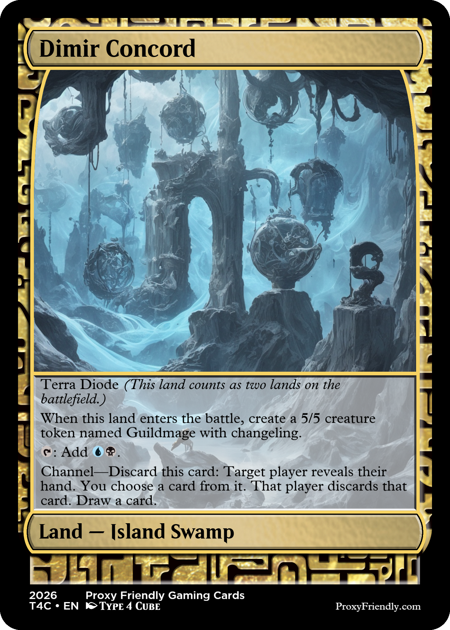 A fantasy-style illustration of an icy, cavernous landscape with floating rock formations and spherical objects, some with intricate designs, hanging from the ceiling.