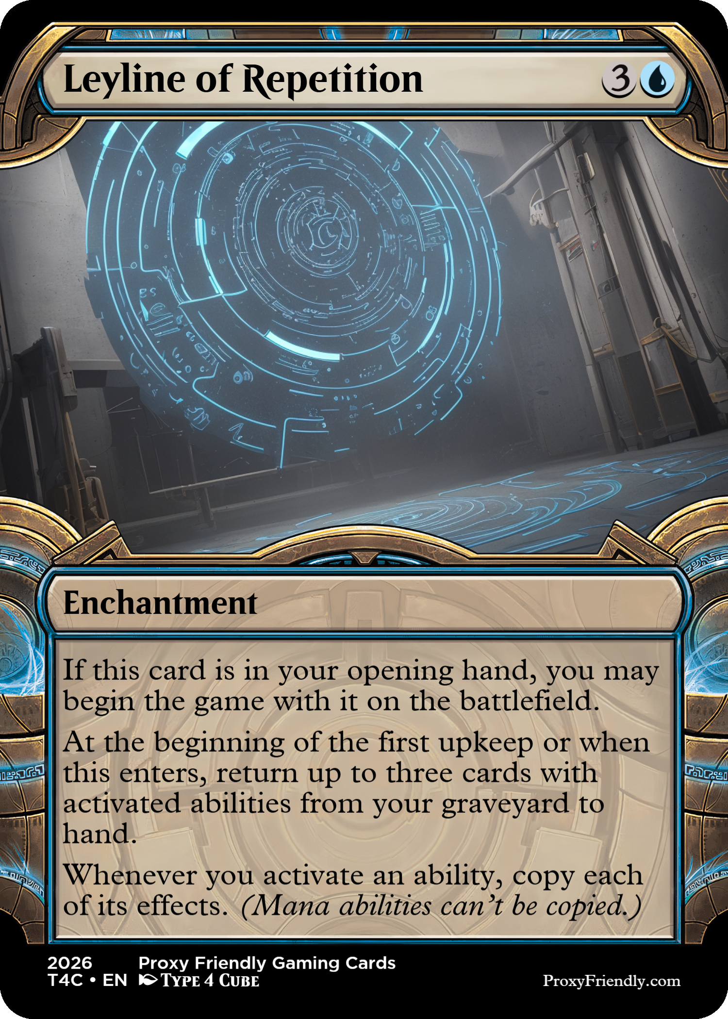 A Magic: The Gathering card titled 'Leyline of Repetition', an enchantment card with a futuristic design showing a digital glowing blue circular pattern on a metallic surface background.