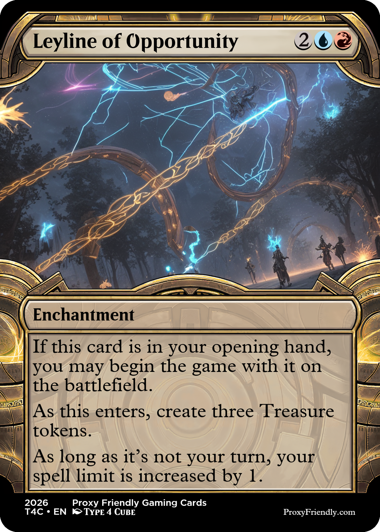 A fantasy-themed Magic: The Gathering card titled 'Leyline of Opportunity' with a background of a mystical forest and floating magical energy and lightning.