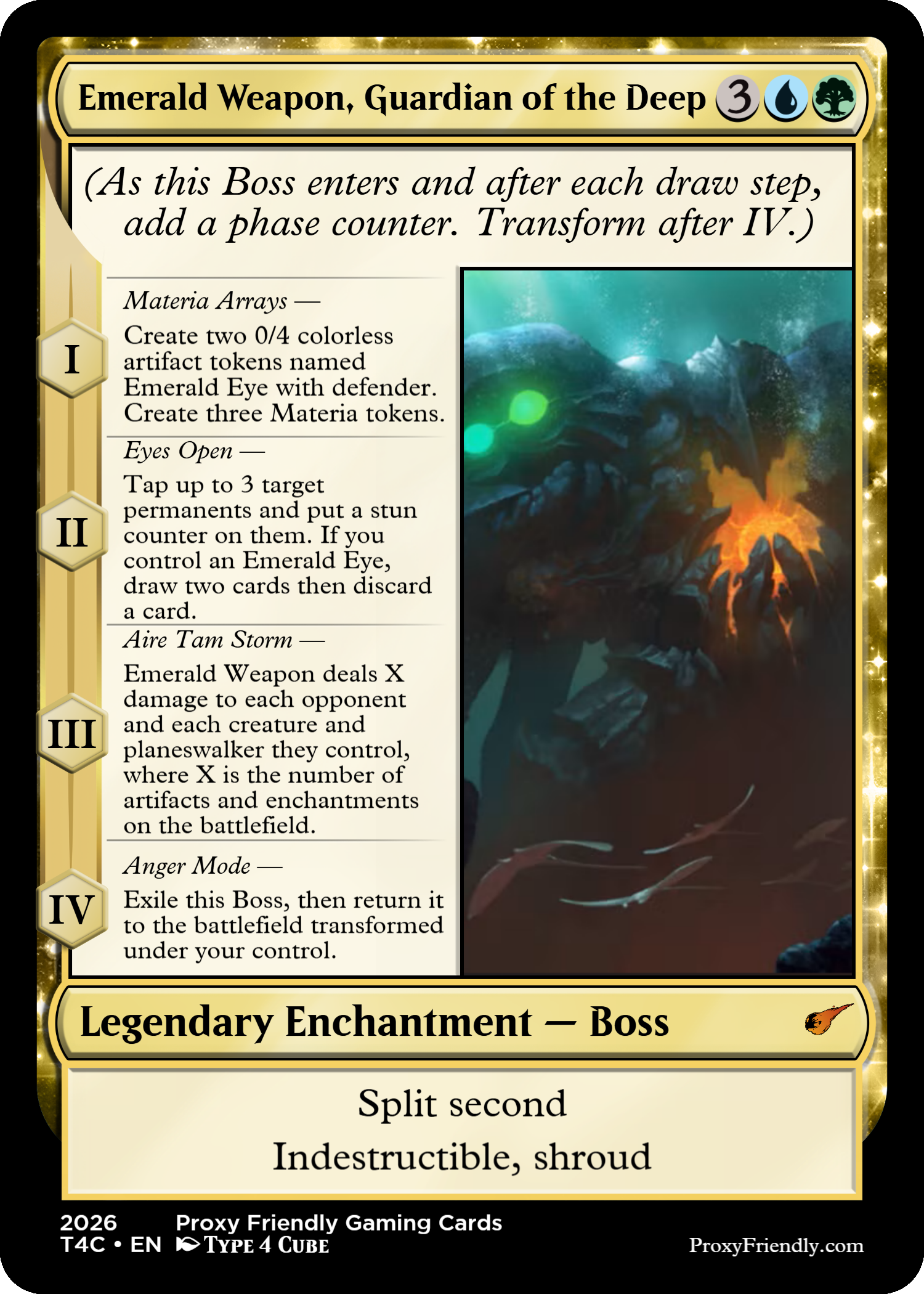 A Magic: The Gathering card titled "Emerald Weapon, Guardian of the Deep" with a gold border. The card features a picture of a deep sea creature with green glowing eyes against an ocean blue background. The card has four abilities with text descriptions and includes the keywords "Legendary Enchantment - Boss," with flavor text indicating "Split second, indestructible, shroud." The bottom shows the set information "2026 Proxy Friendly Gaming Cards," set code "T4C," language "EN," and card type "Type 4 Cube."