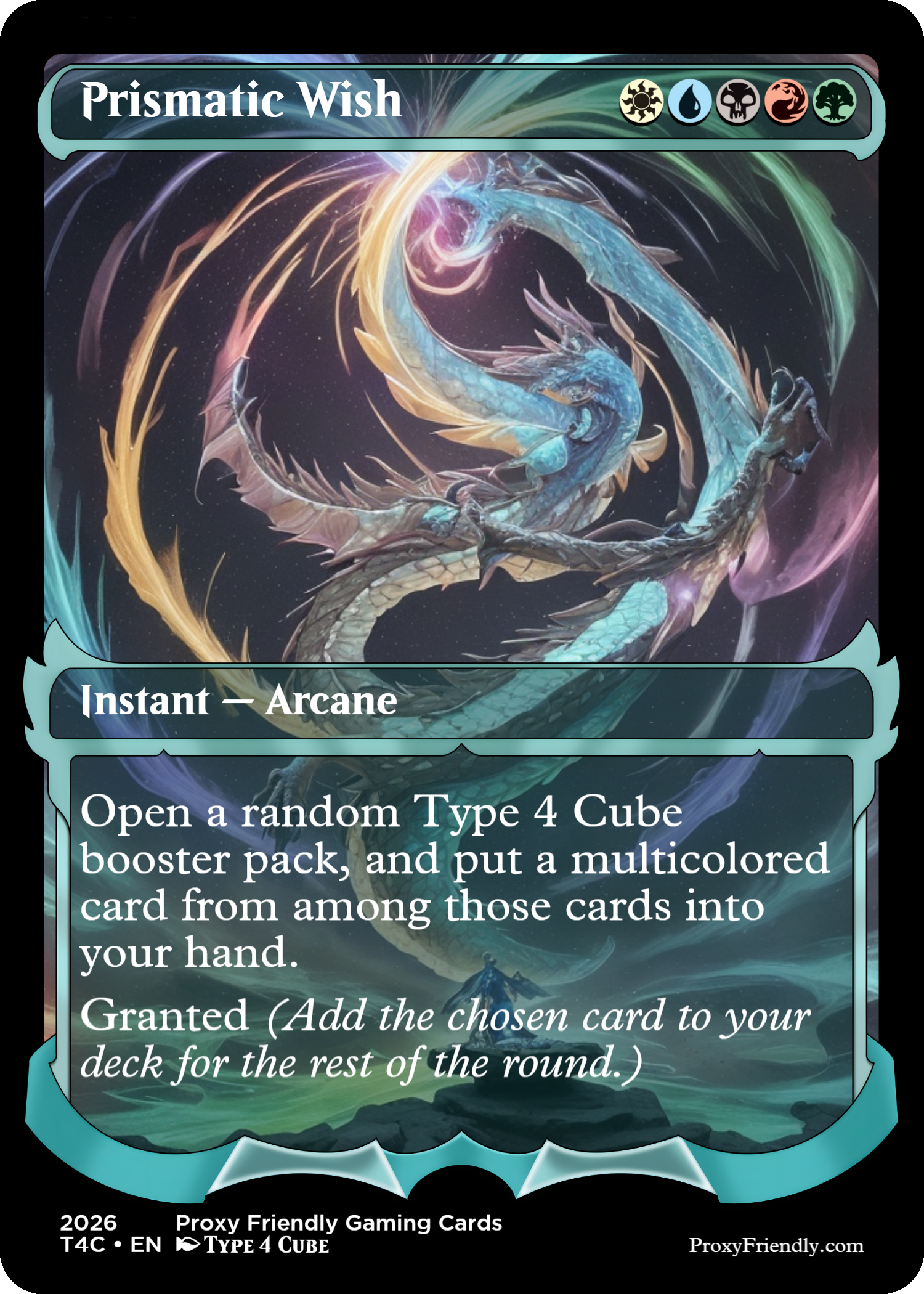 A fantasy-themed trading card titled "Prismatic Wish" featuring a cosmic dragon with a shimmering, colorful body and swirling elemental energies around it.