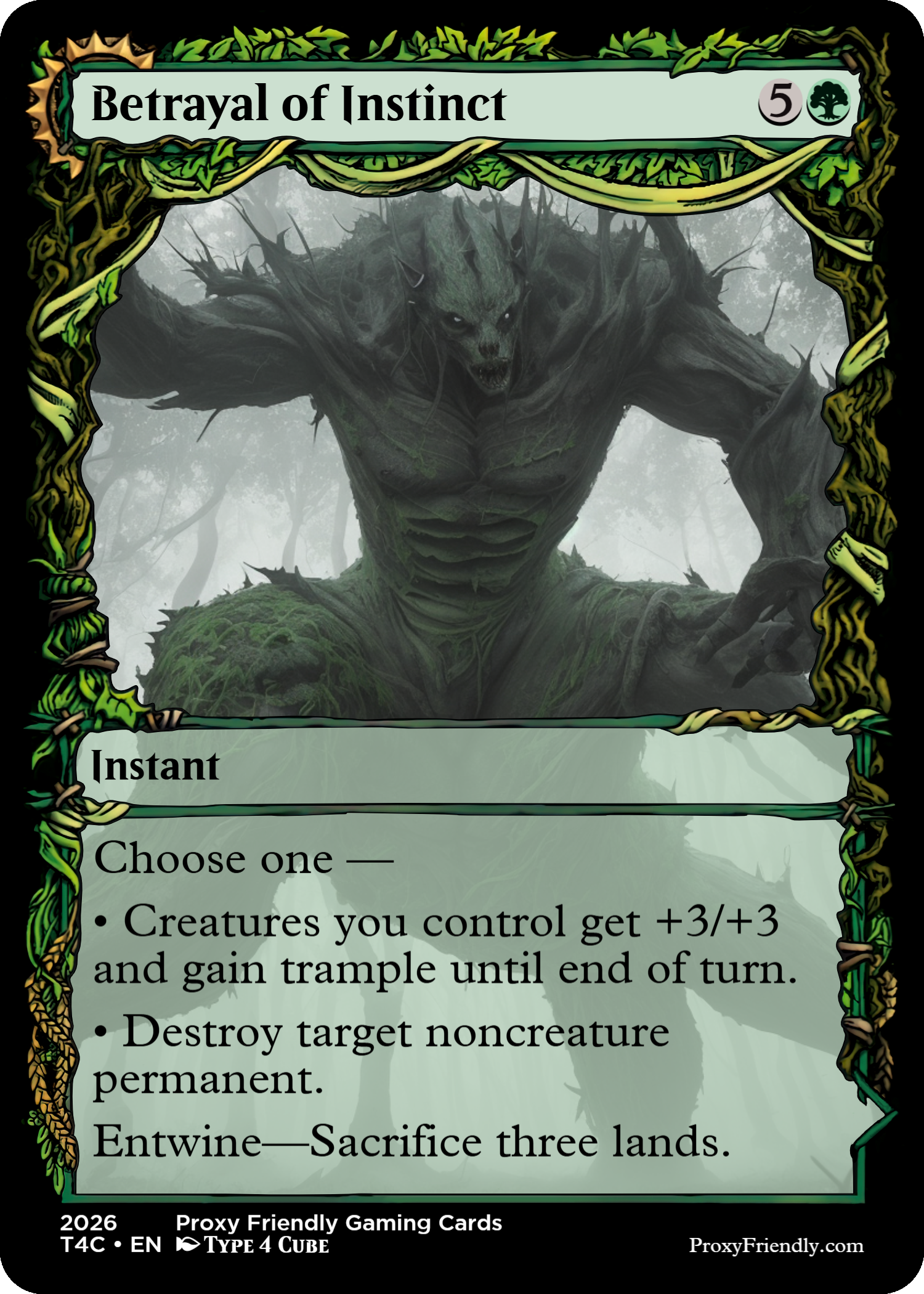 A fantasy trading card titled 'Betrayal of Instinct' featuring a monstrous tree creature with a humanoid form, dark bark-like skin, and fierce facial expression, emerging from a foggy forest background.