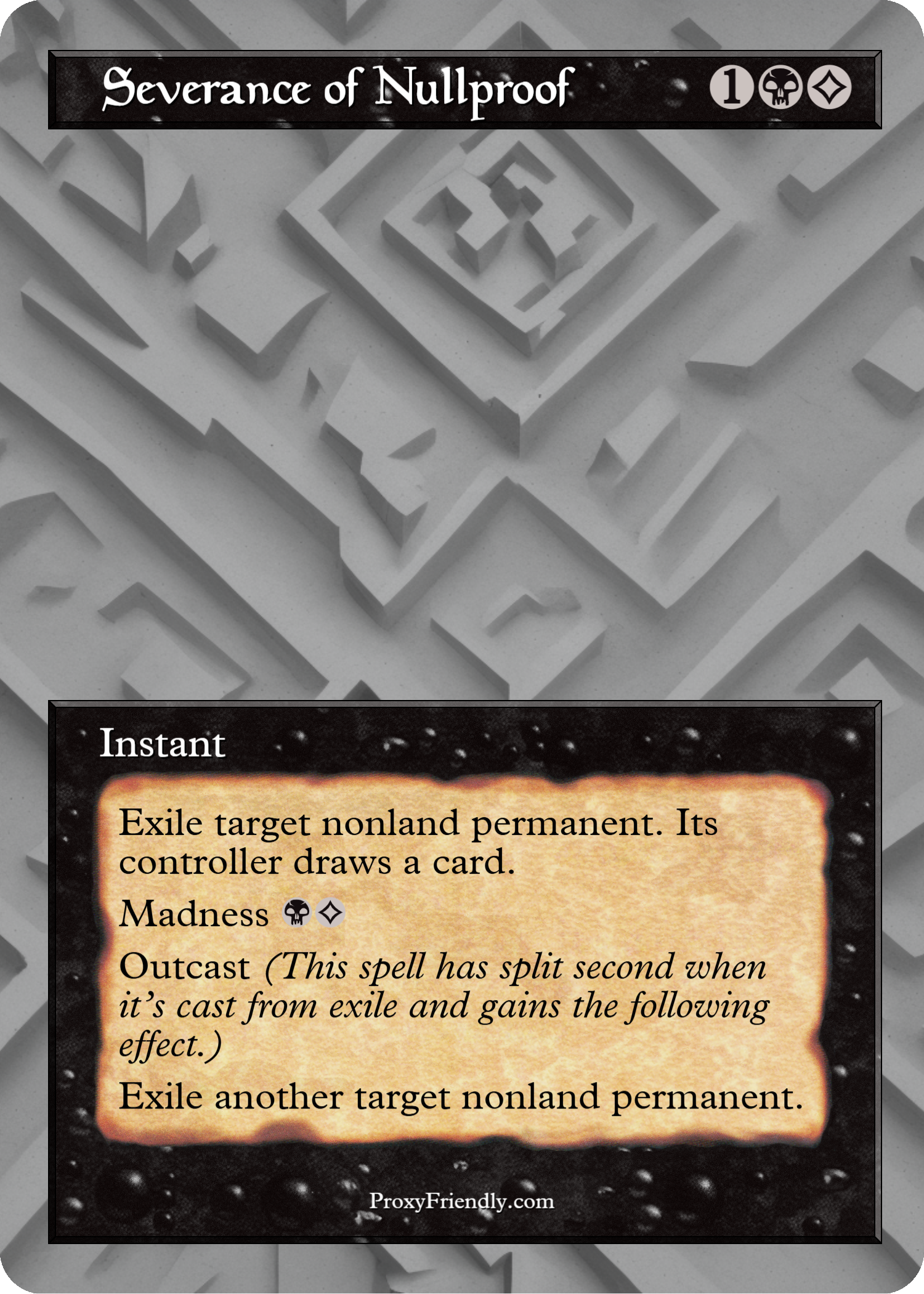 Black and white game card with text about the 'Severance of Nullproof' spell, featuring a maze background and icons indicating game stats.