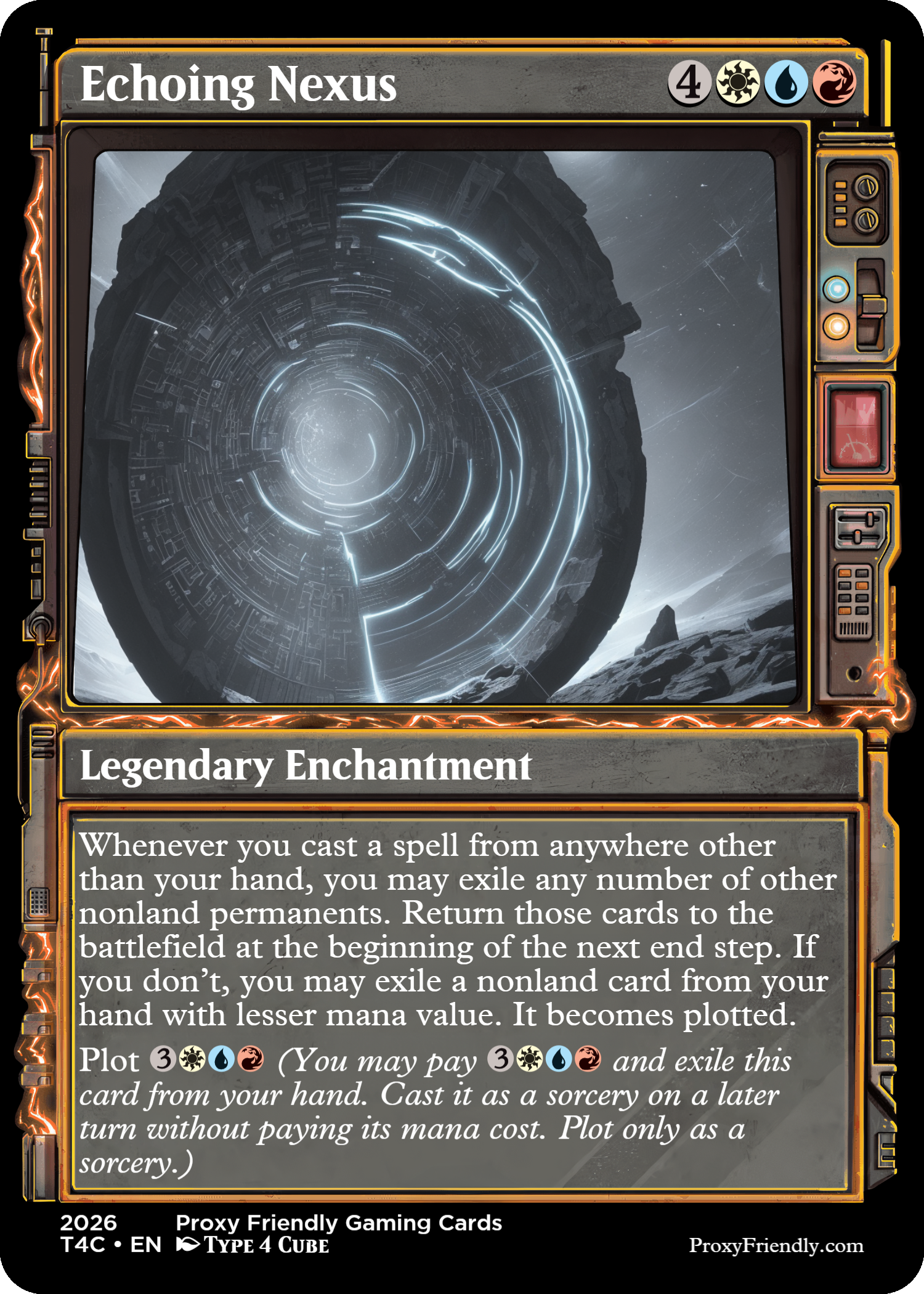 A sci-fi themed trading card titled "Echoing Nexus" depicting a large circular structure with blue glowing lines and technological details, surrounded by a rugged landscape.