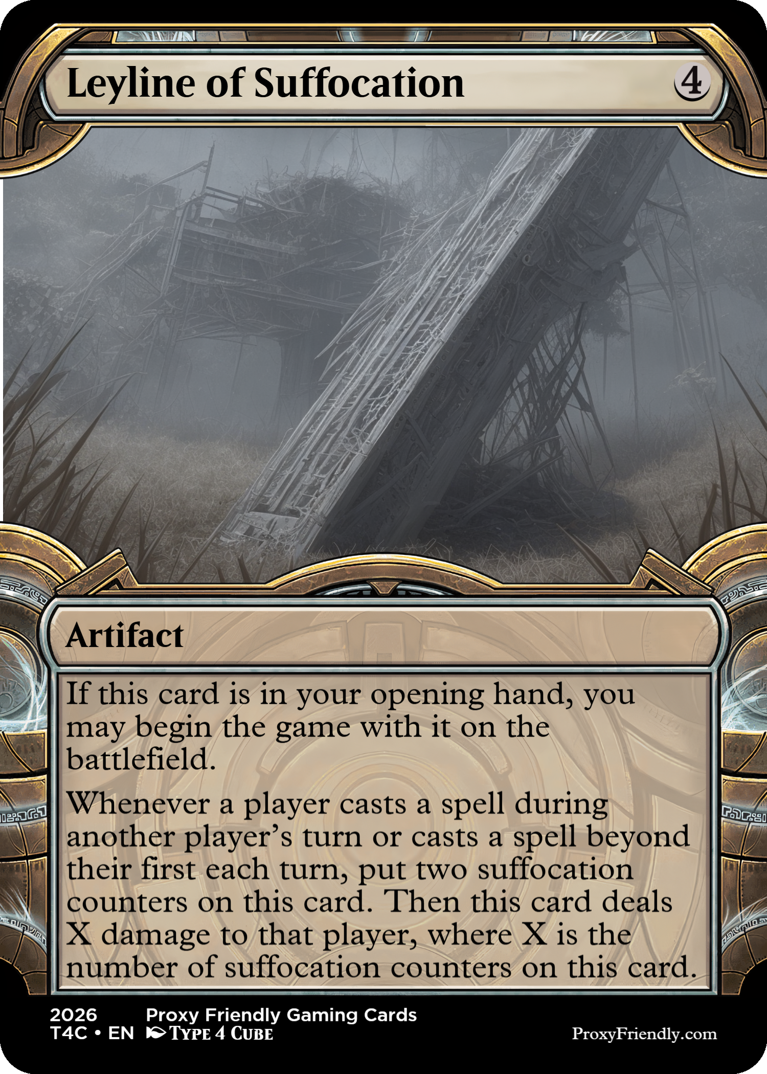 A rejected, collapsed bridge with broken parts in a foggy, overgrown field.