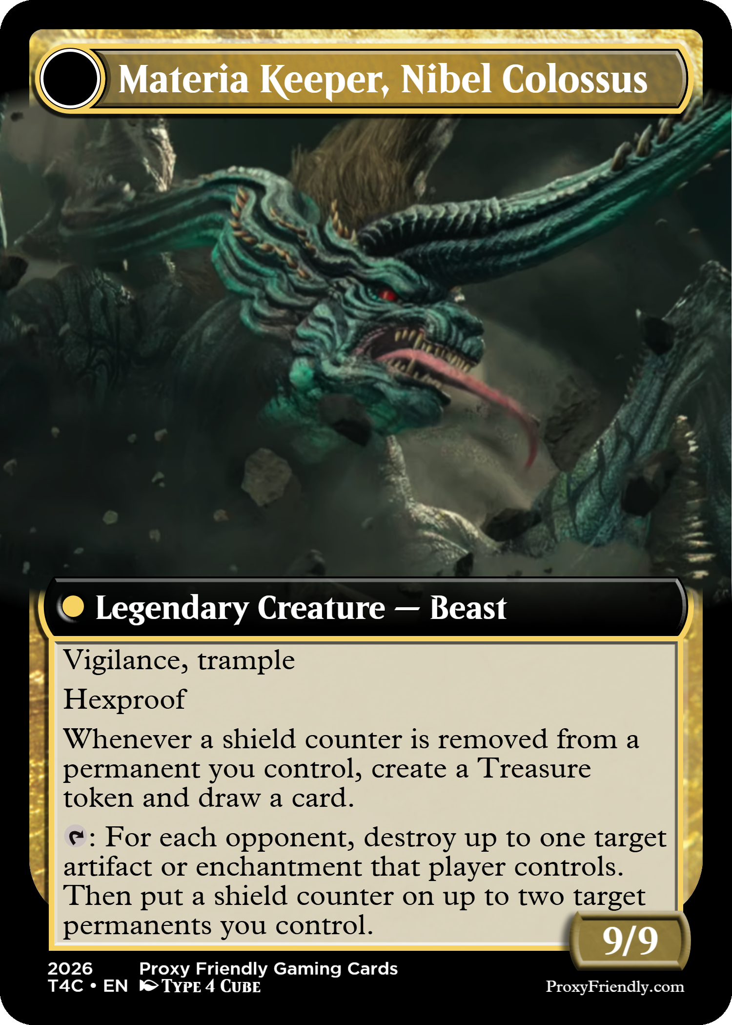 A fantasy trading card titled "Materia Keeper, Nibel Colossus" depicting a dragon-like creature with teal and dark green scales, red eyes, sharp teeth, and a long tongue, set in a dark, rocky environment.