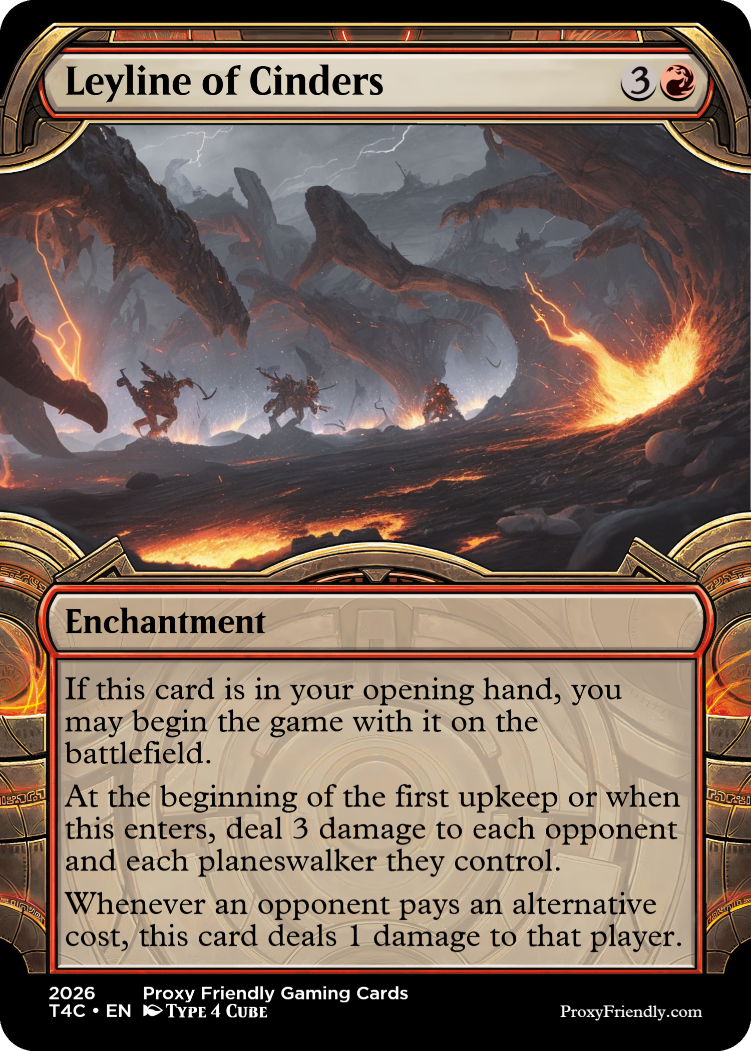 A fantasy-themed trading card titled 'Leyline of Cinders' with a dark landscape featuring volcanoes, lightning, and creatures. The card's effect describes dealing damage and the possibility to begin the game with it on the battlefield.