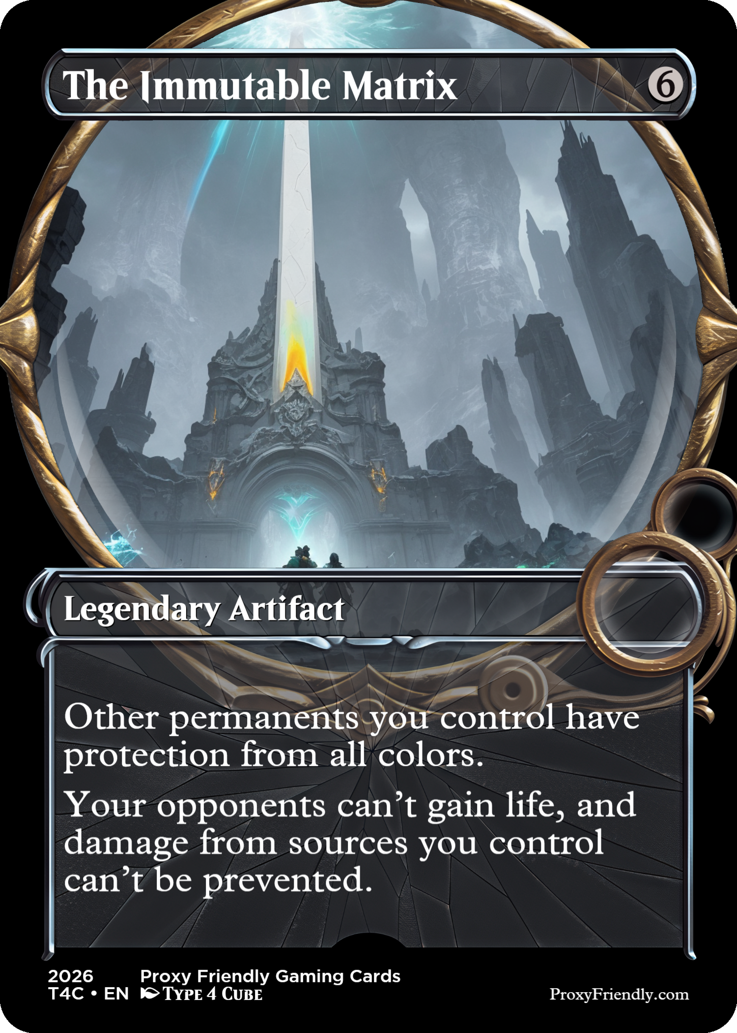 A fantasy-themed trading card titled "The Immutable Matrix" featuring a mystical landscape with a large sword embedded in a fortress-like structure, surrounded by towering rock formations and a stormy sky.
