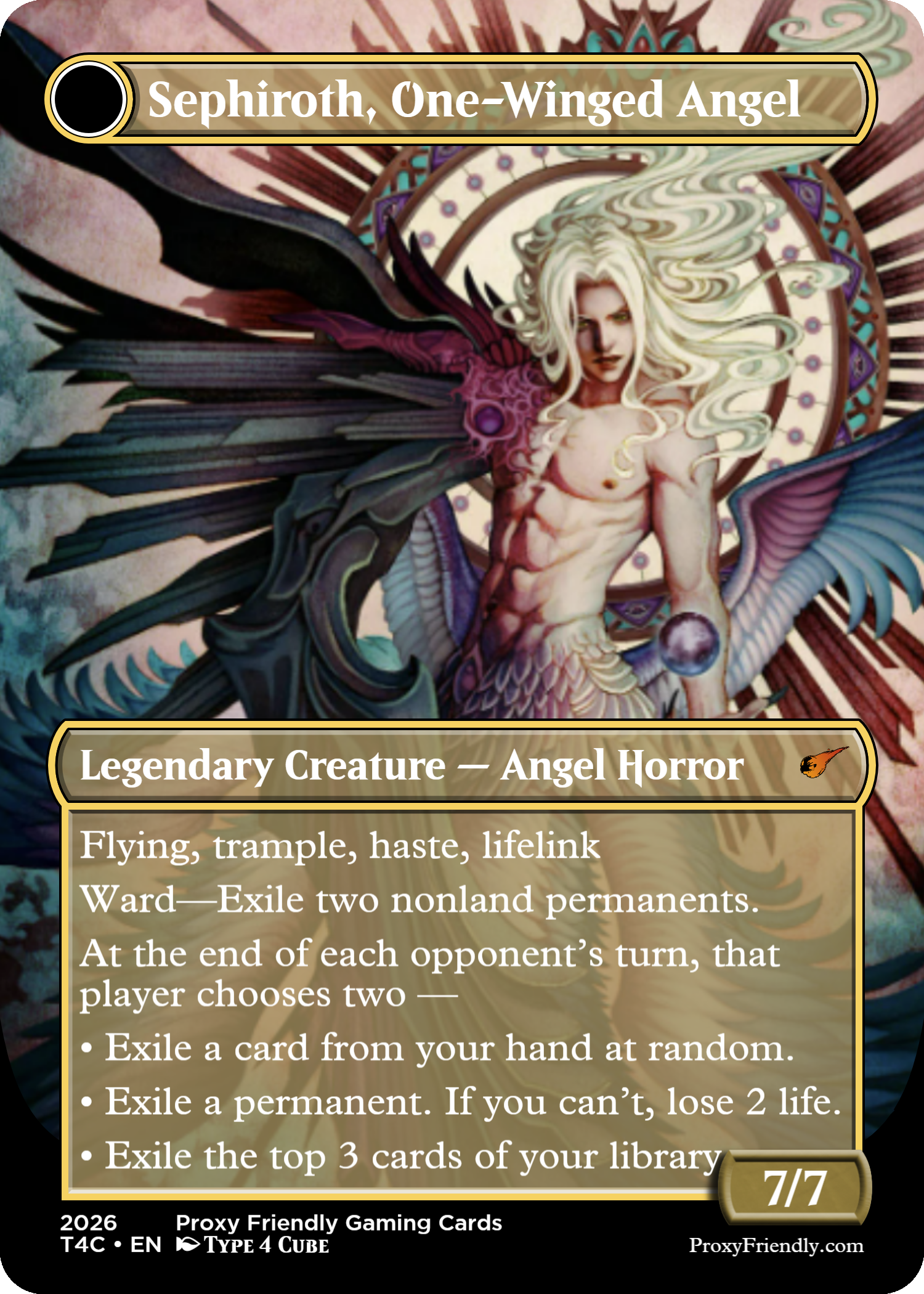 A fantasy art card depicting Sephiroth, a one-winged angel with long, flowing white hair and wings, wielding a massive dark sword. The background features a patterned circular design and a red sunburst.