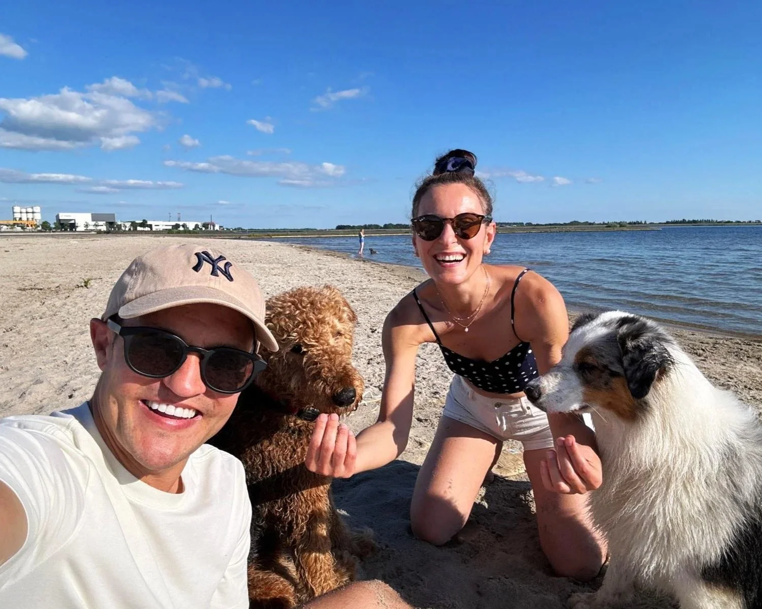 A group of two people and two dogs at the beach on a sunny day, with a blue sky, some clouds, and industrial buildings in the background.