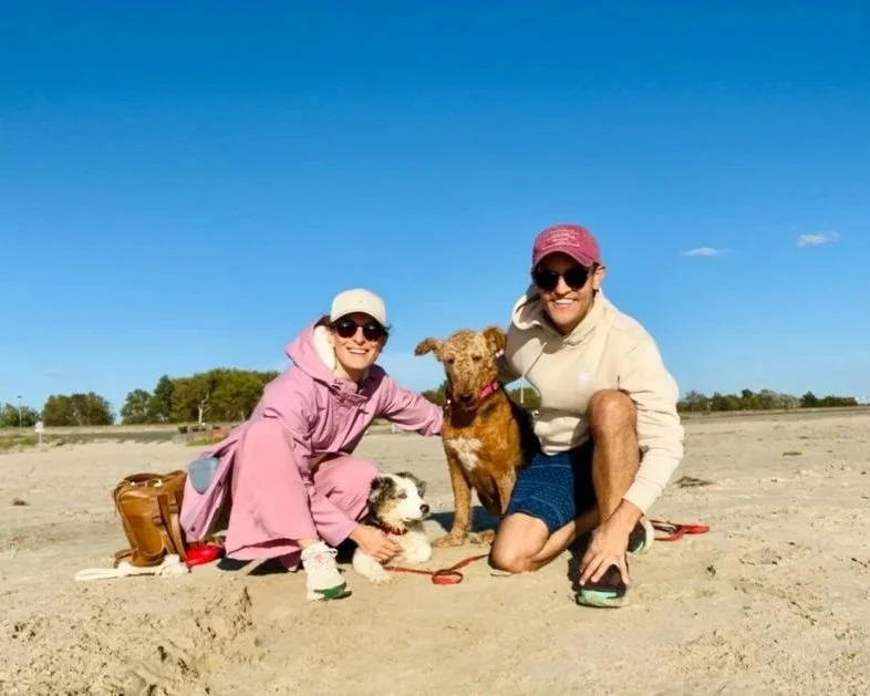 Two people and two dogs sitting on the sand beach with a clear blue sky behind them.